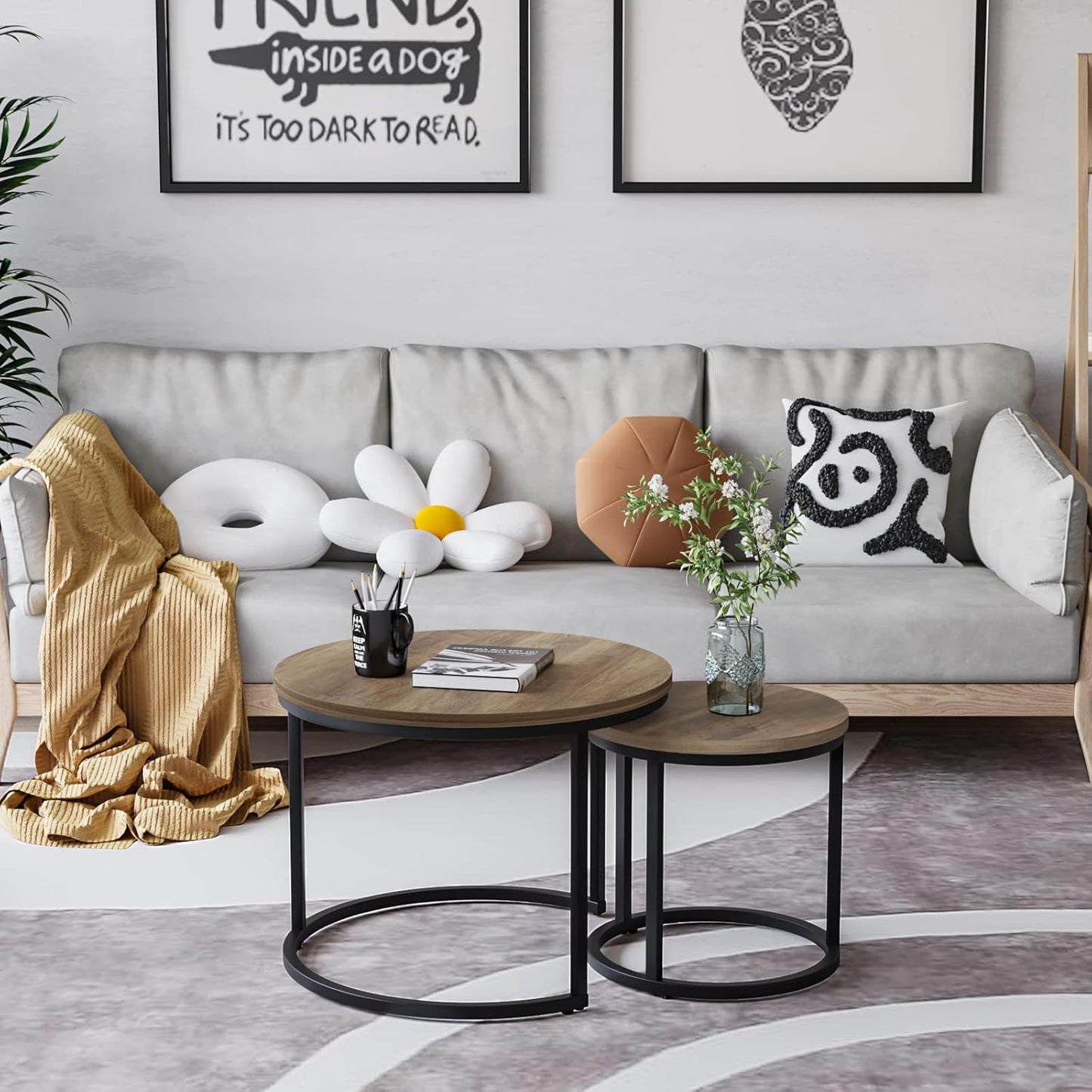 Smuxee Nesting Coffee Table Set of 2, 23.6" Round Coffee Table Wood Grain Top with Adjustable Non-Slip Feet, Industrial End Table Side Tables for Living Room Bedroom Balcony Yard
