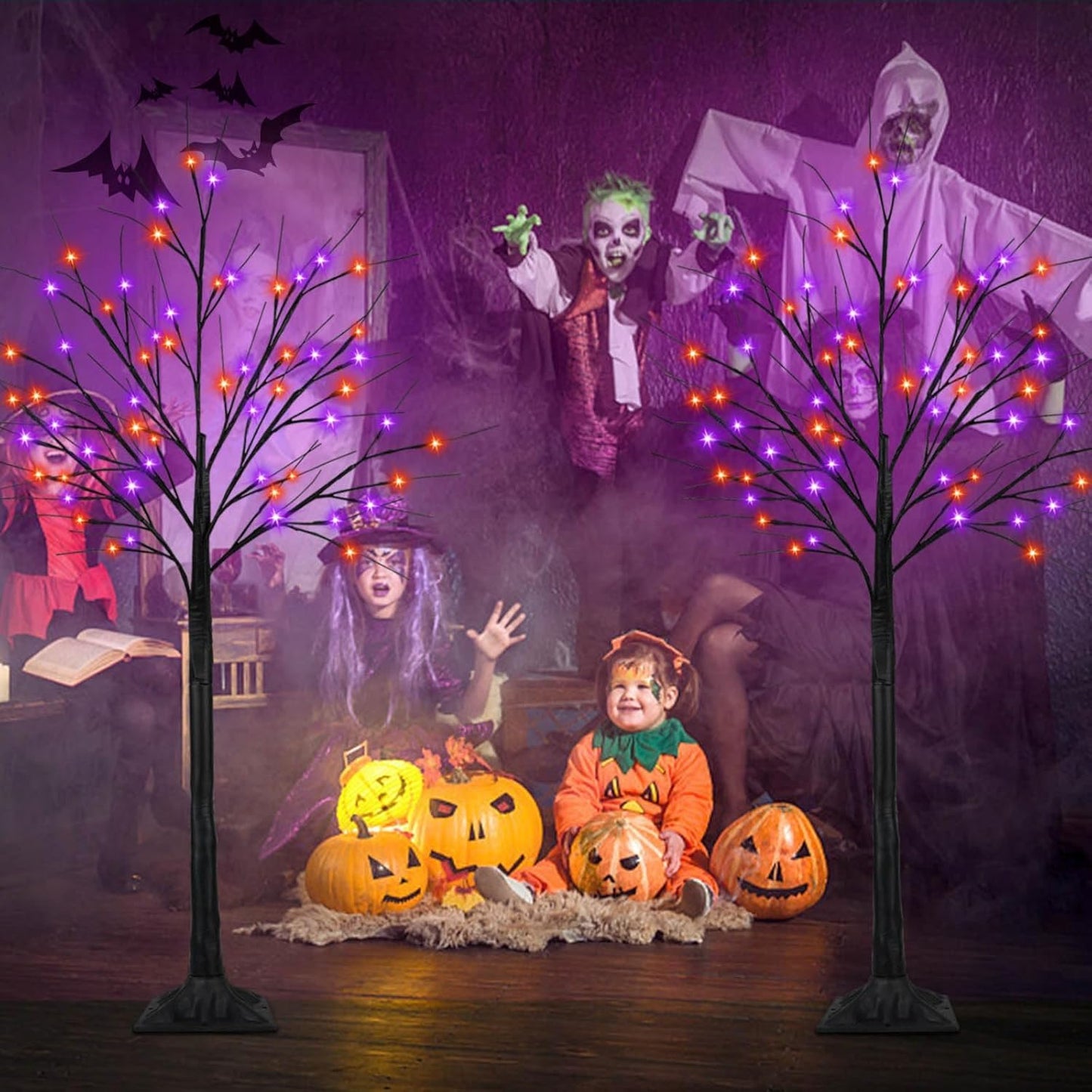 2Pack 5FT 200LED Black Halloween Tree Lights, Timer Function Lighted Black Trees with Purple and Orange Lights, Spooky Trees Light for Indoor Outdoor Halloween Decorations