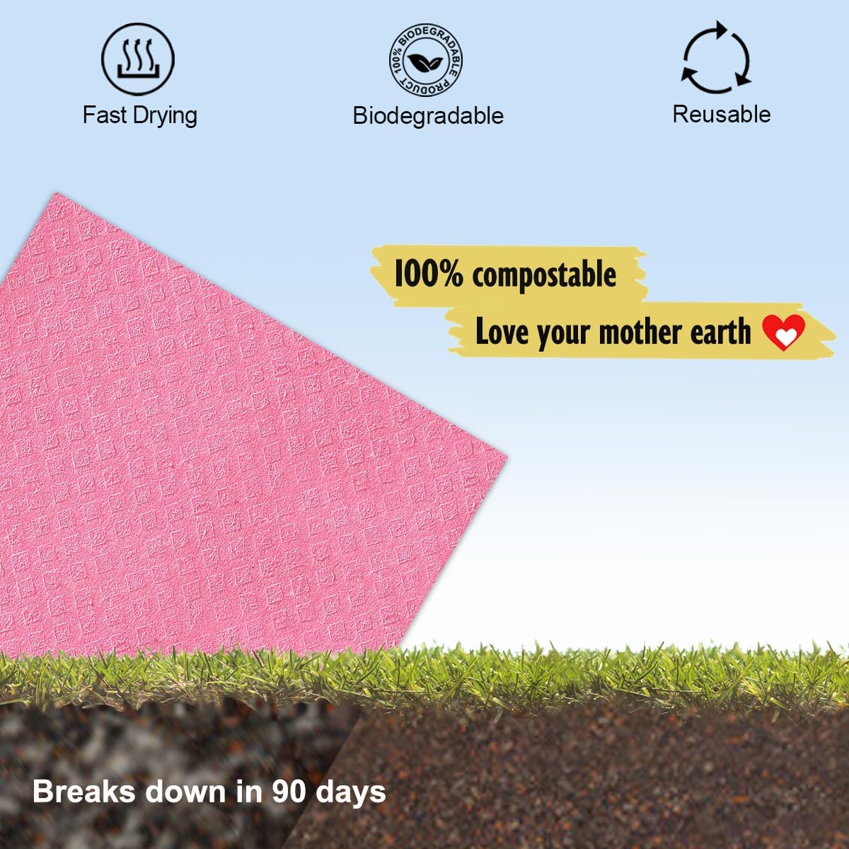 Swedish Dishcloths for Kitchen | 6 Pack Absorbent Cellulose Sponge Cloths Washable | Non-Scratch Reusable Paper Towels Quick Drying Cleaning Cloths - Pink