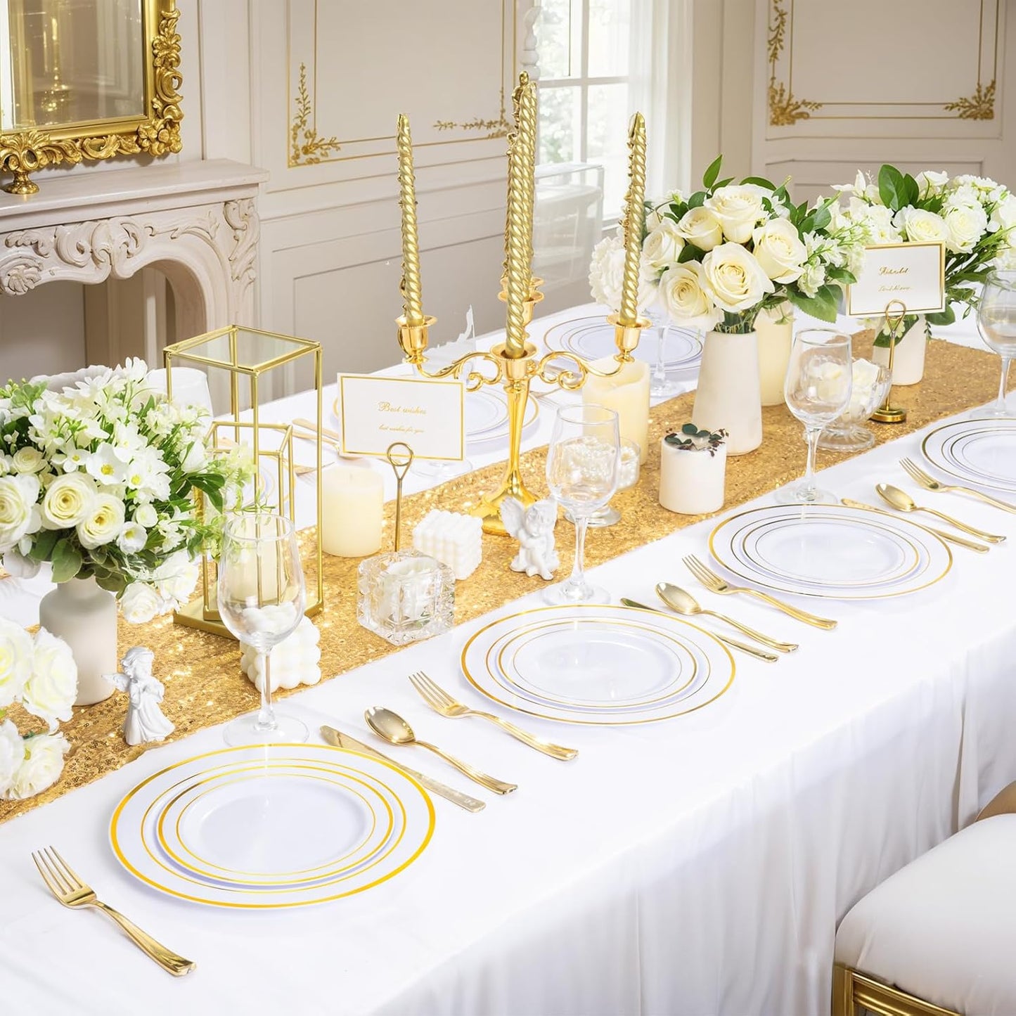 350 Pieces White and Gold Plastic Plates - 50 Guest Thanksgiving Dinnerware Set Include 100 Plates, 50 Plastic Silverware, 50 Napkins and 50 Cups for Thanksgiving