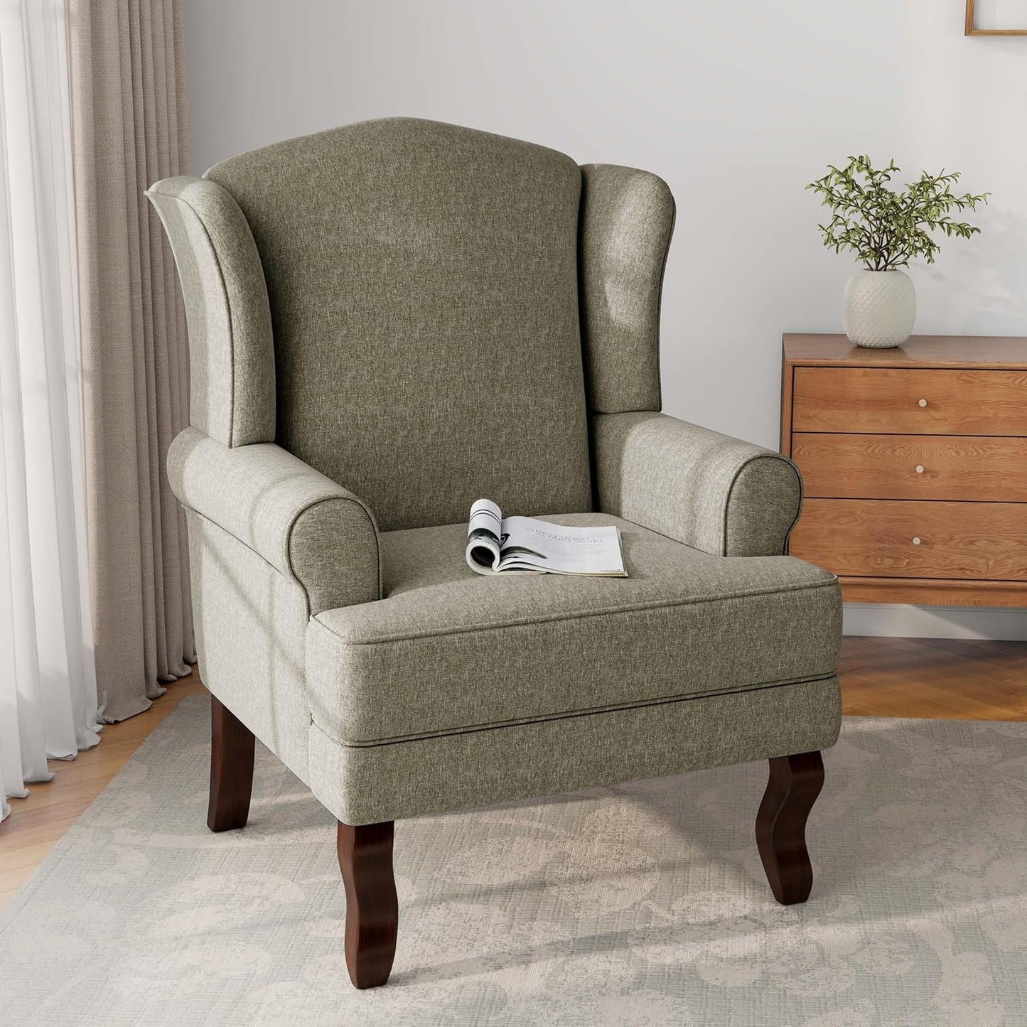 Accent Chair, High Back Upholstered Armchair with High Resilience Sponge & Wood Legs, Mid-Century Modern Comfy Single Sofa Reading Chairs for Living Room, Bedroom (Light Camel, Set of 1)