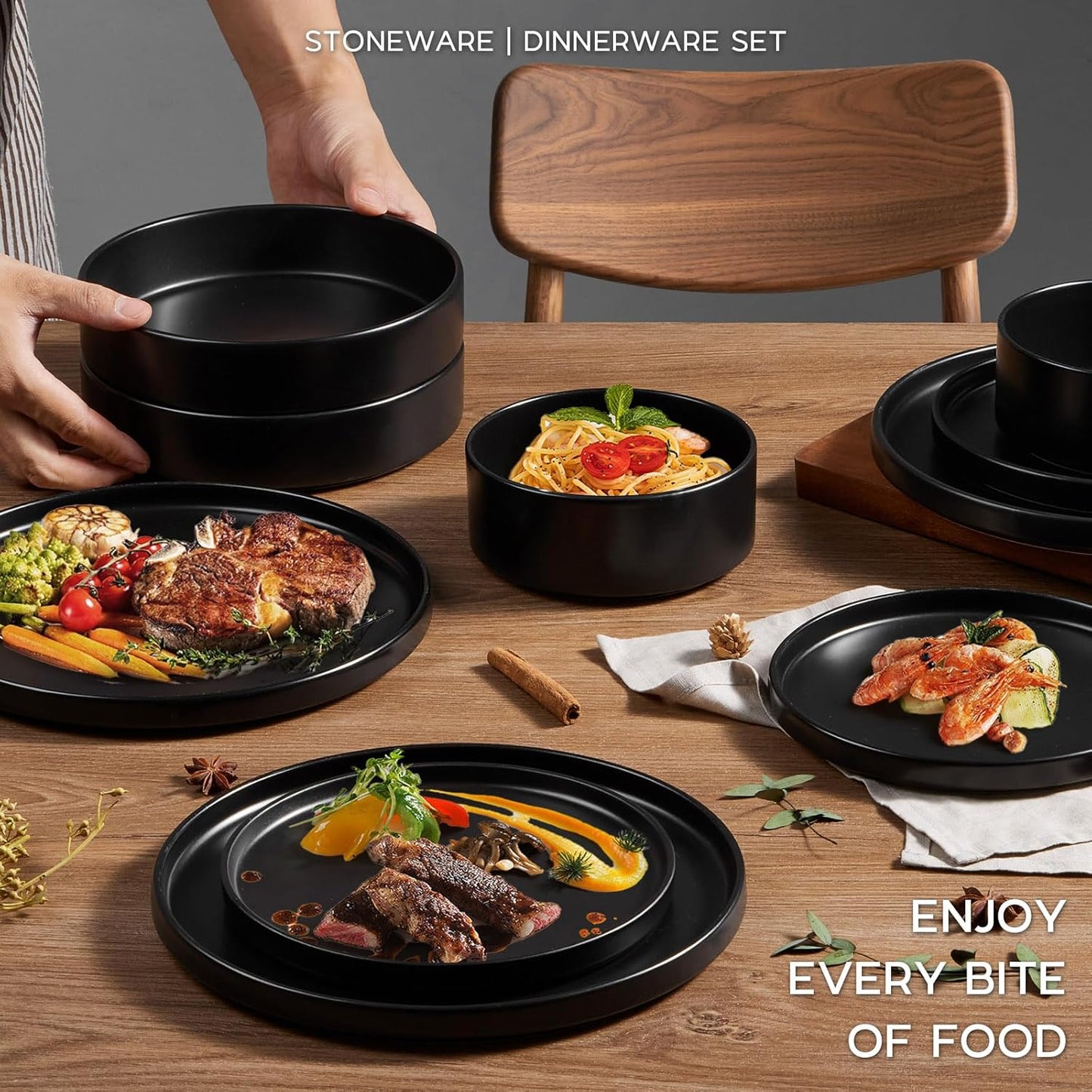 Onader 24 Piece Stoneware Dinnerware Sets with Pasta Bowls, Kitchen Dinner Dishes Set for 6, Plates and Bowls Dishware Dining Ware - Ebony Black