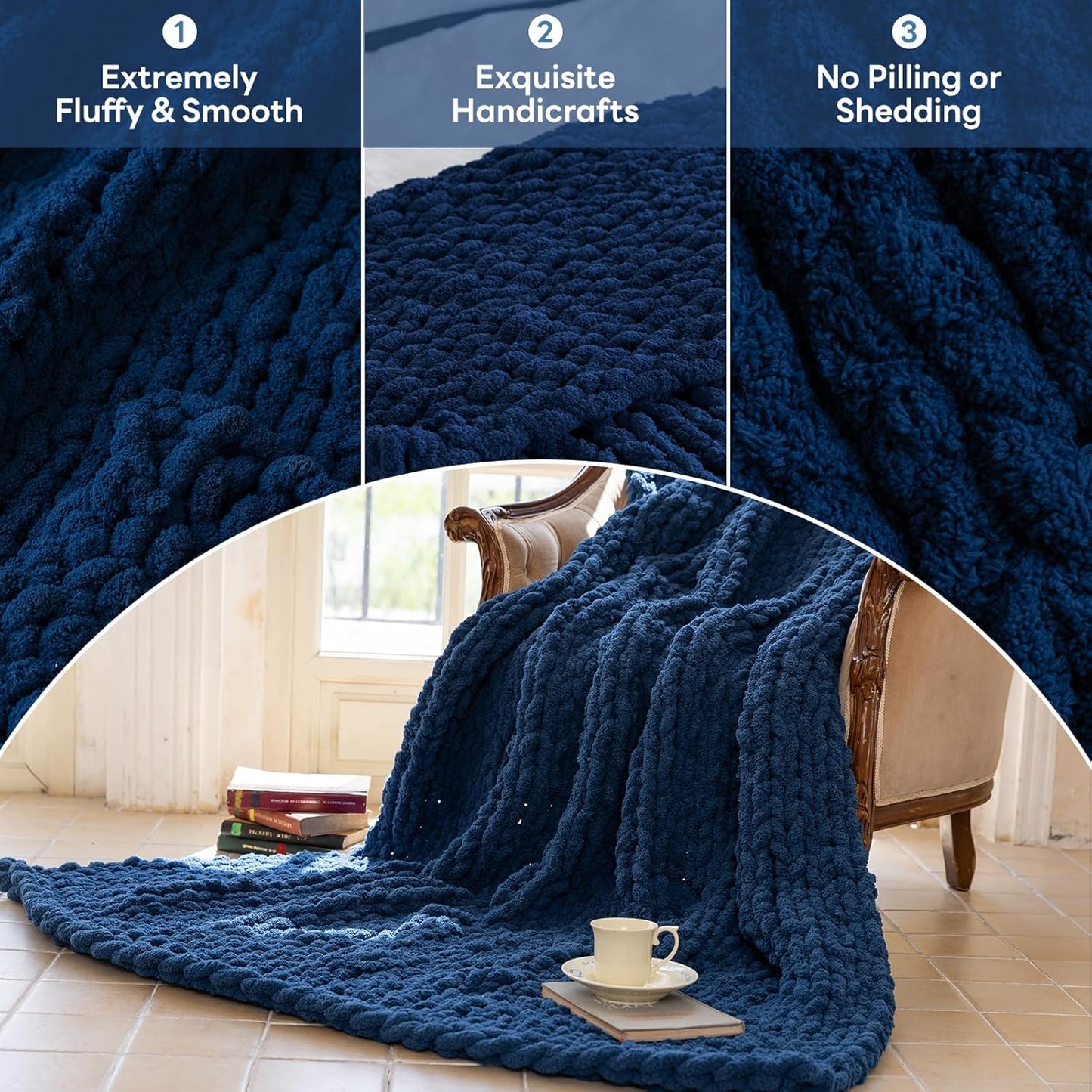 Chunky Knit Blanket - Luxury Soft Cozy 60 * 80 Throw Blanket,100% Woven Blanket Rope Knot Throw Blanket for Couch, Sofa, Home Decor, Gift - Machine Washable(Deep Blue)