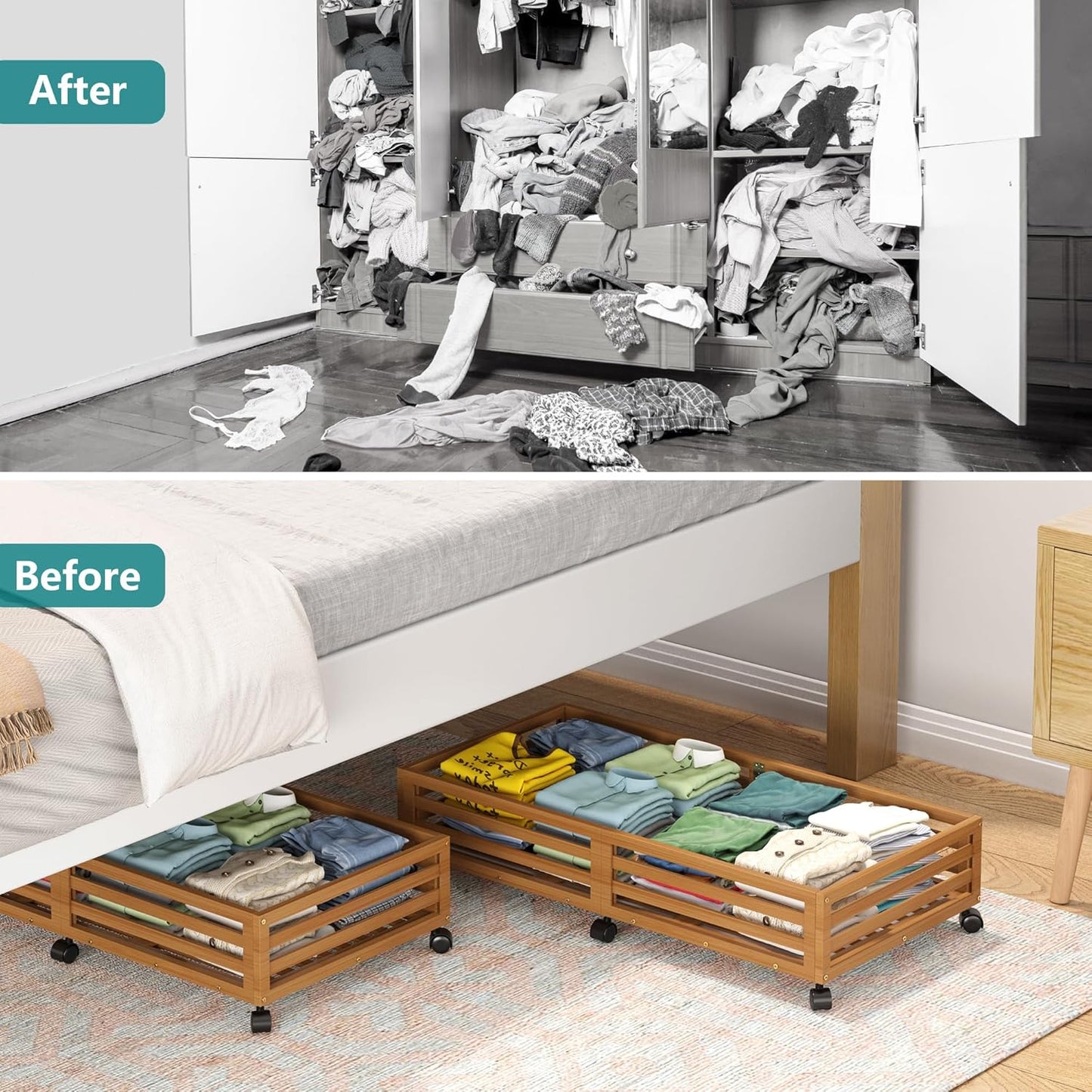 Bamboo Under Bed Storage Containers- Underbed Organizer with Wheels with Large Dust Bag,Sturdy Wood Rolling Under the Bed Shoe Storage Organizer Drawer 2 Packs (Walnut, Long)
