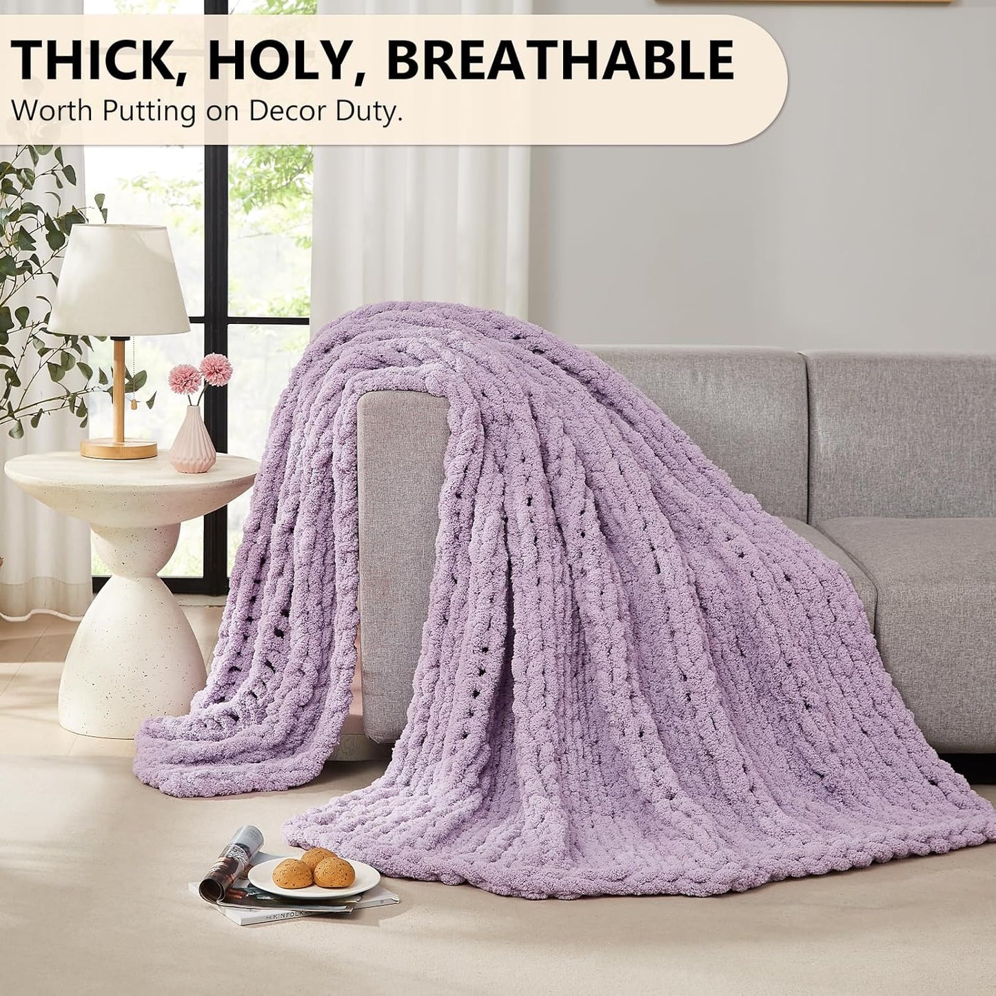 L'AGRATY Chunky Knit Blanket Throw - Soft Chenille Yarn Throw Blanket 30x40:Handmade Thick Cable Knit Crochet Blanket - Large Knit Blanket Chunky Rope Knot Throw Blanket for Couch Sofa Bed Home Decor