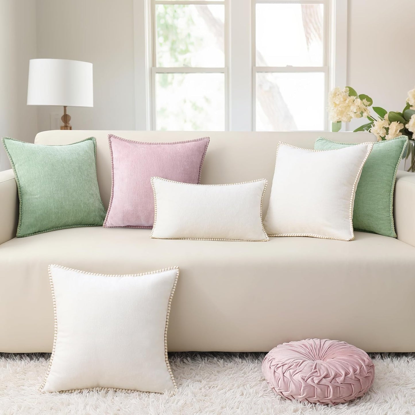 decorUhome Chenille Soft Throw Pillow Covers 18x18 Set of 2, Farmhouse Velvet Neutral Decorative Euro Pillow Covers with Stitched Edge for Couch Sofa Bed Home Decor, Cream White
