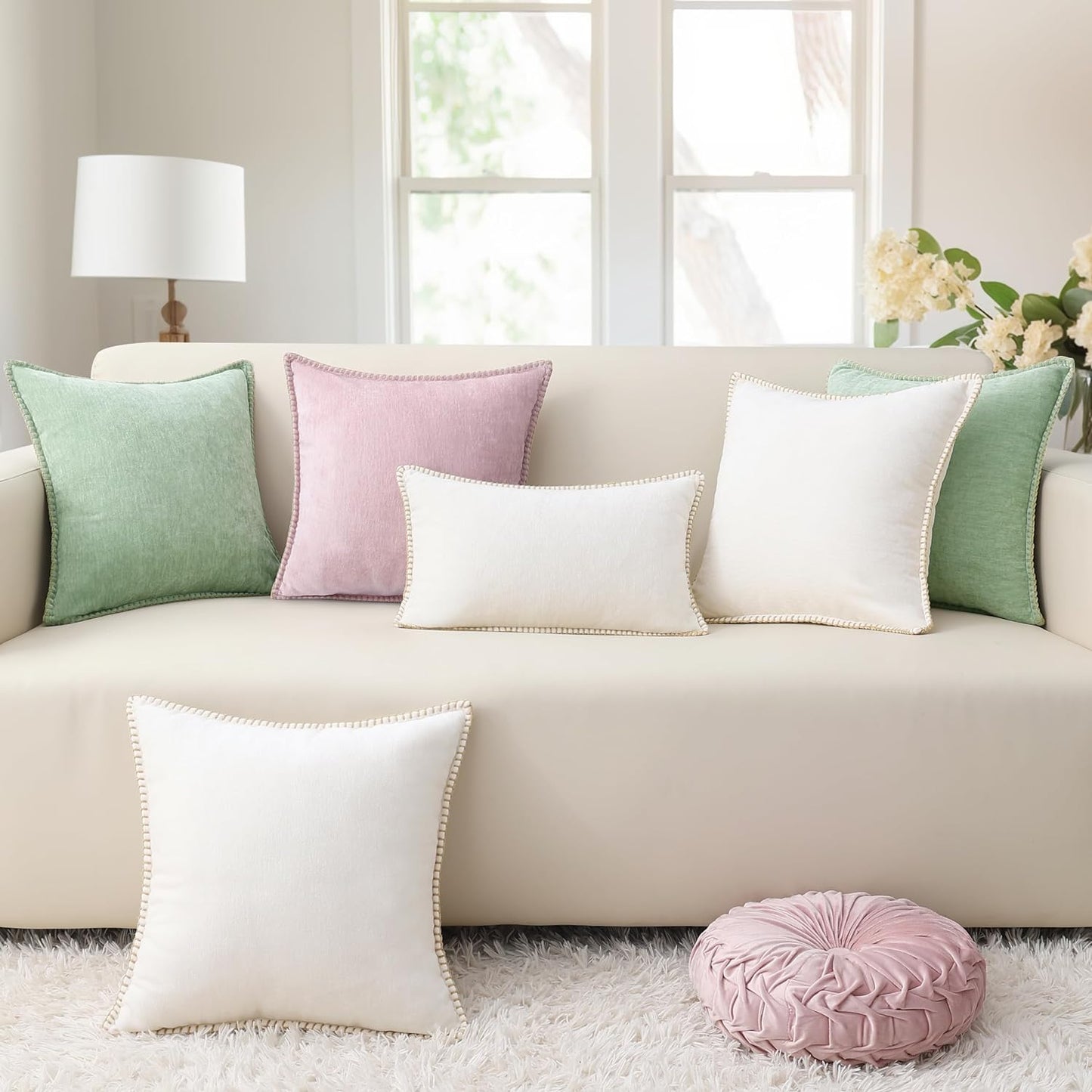 decorUhome Chenille Soft Throw Pillow Covers 22x22 Set of 2, Farmhouse Velvet Neutral Decorative Euro Pillow Covers with Stitched Edge for Couch Sofa Bed Home Decor, Cream White