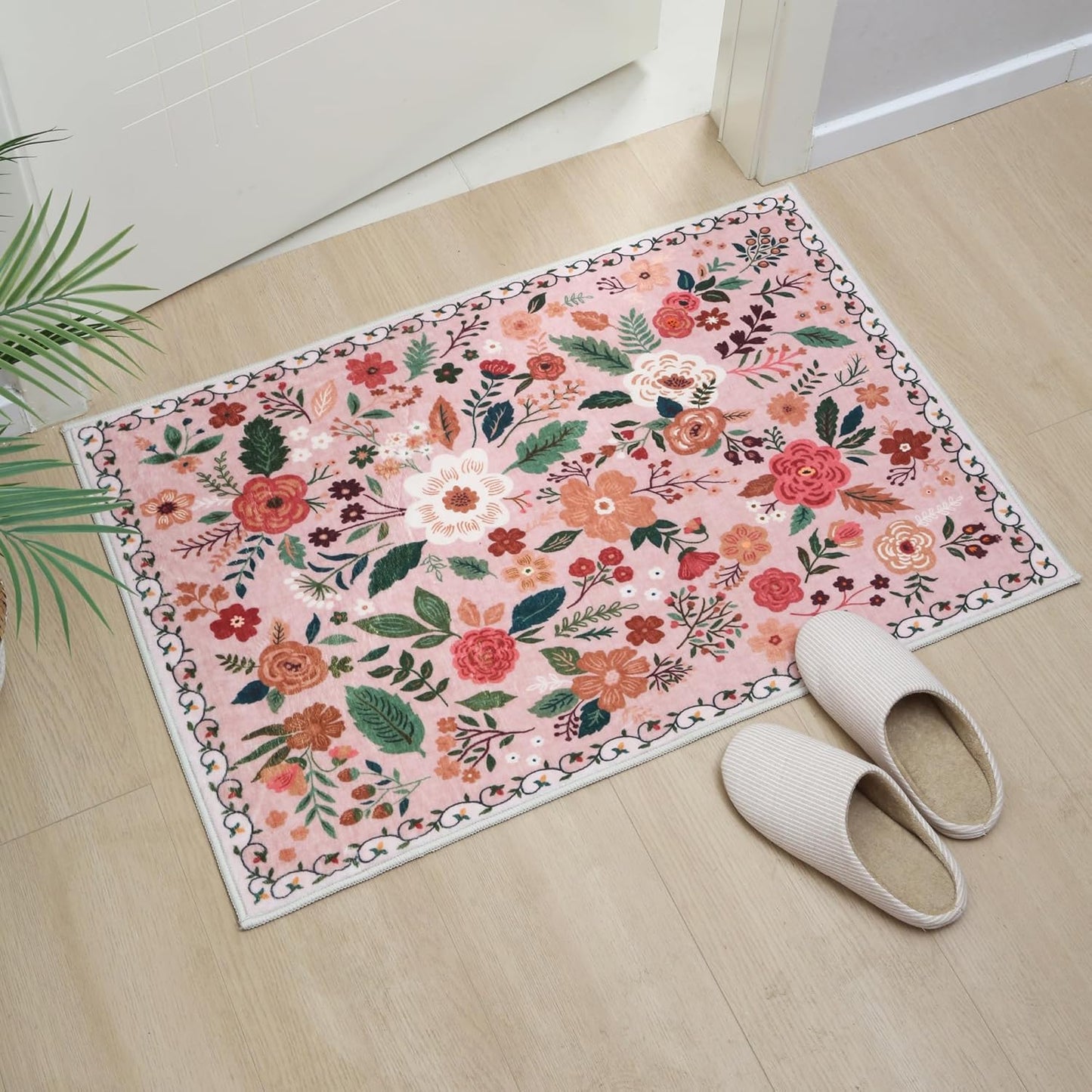 Door Mat Indoor Entrance 2x3 Rug Machine Washable Boho Floral Small Area Rug Non-Slip Low Pile Throw Rugs for Entryway, Kitchen, Front Door Indoor Entrance, Entry, Kids Room (Pink)