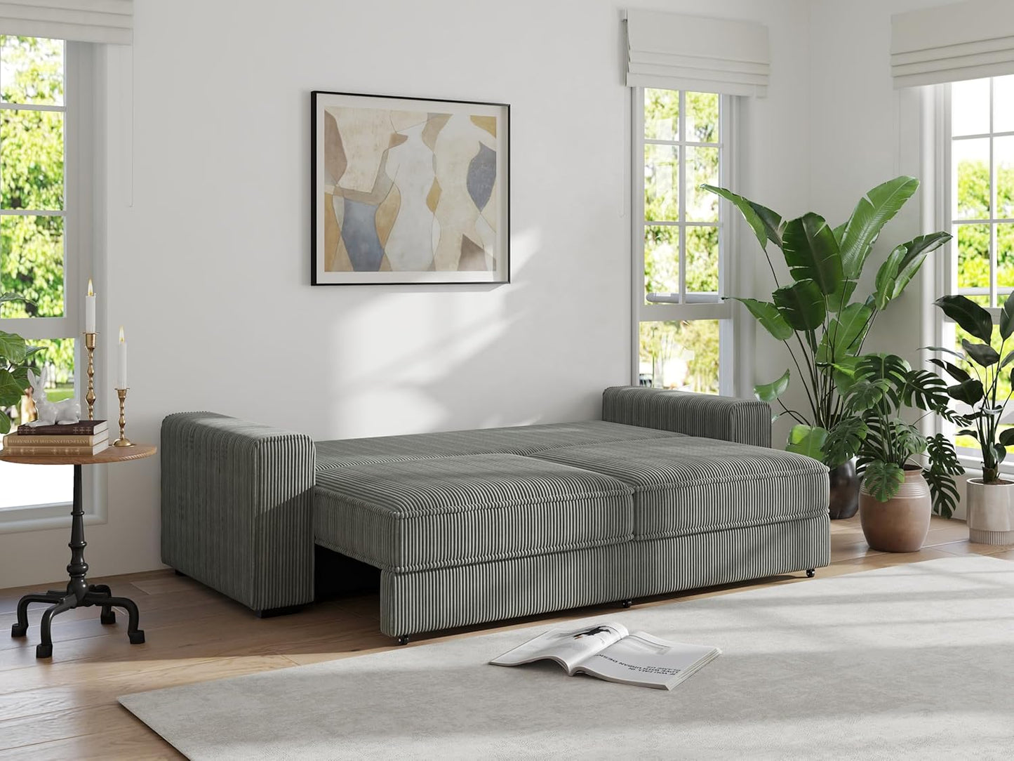 91-Inch Corduroy Pull Out Couch with Storage, Convertible Queen Sleeper Sofa with Pull Out Bed, Hide a Bed Couches for Bedroom, Guest Room, Apartment, Small Places, RV (Grey)