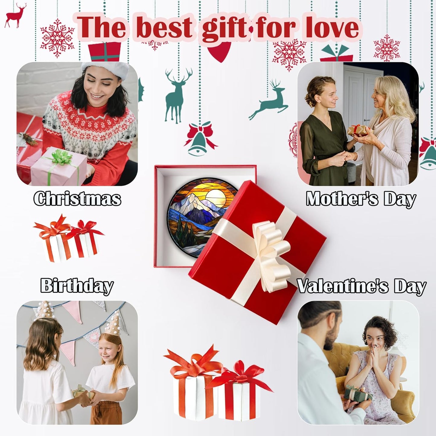 Stained Glass Window Hanging, Yellow Blue Sunset Mountains Scenery Sun Catcher for Window Home Decor Landscape Suncatcher Mother's Day Birthday Gifts for Women Men Mom and Nana 15 in