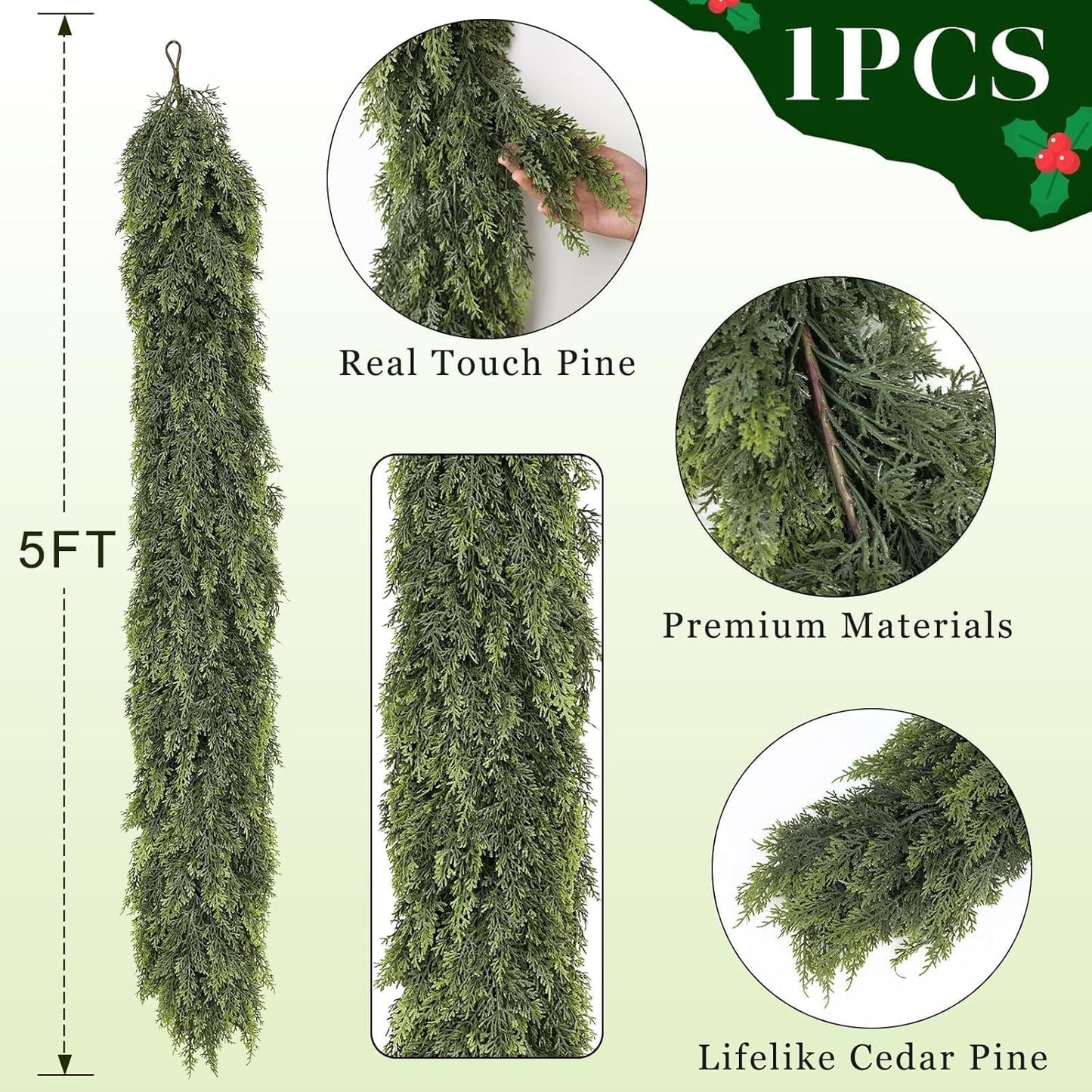 Real Touch Christmas Cedar Garland -5ft Artificial Garlands Faux Cedar Fake Pine Needles Garland for Fireplace,Table,Window,Stairs,Mante,Holiday Indoor Outdoor Xmas Decor(1PCS)