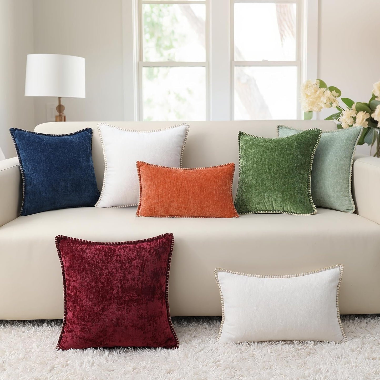 decorUhome Fall Chenille Soft Throw Pillow Covers 26x26 Set of 2, Farmhouse Velvet Neutral Decorative Euro Pillow Covers with Stitched Edge for Couch Sofa Bed Home Decor, Forest Elf