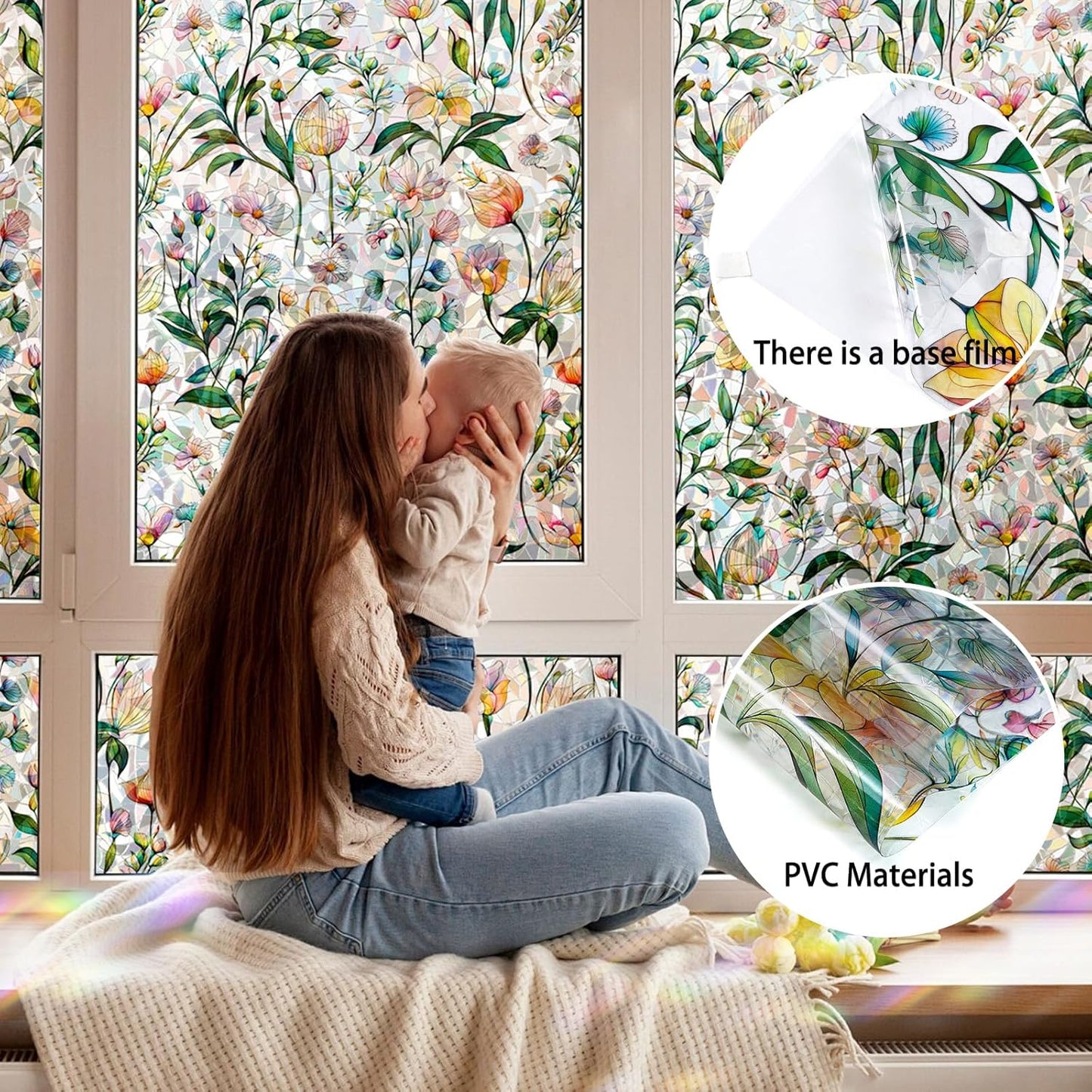 Rainbow Window Privacy Film 3D Floral Decorative Stained Glass Window Film Anti UV Non-Adhesive Reusable 23.6" x 157.4" for Home Room Car Glass Cling
