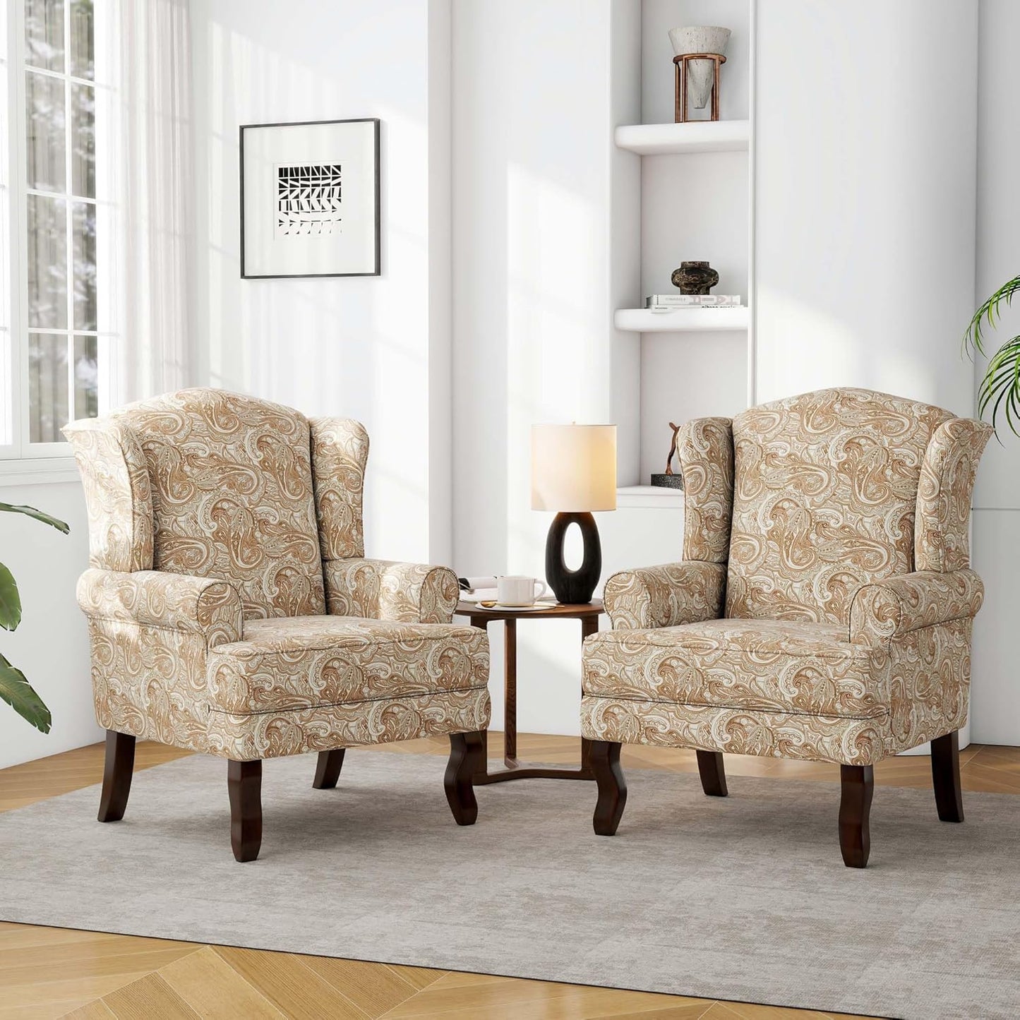 Accent Chair, High Back Upholstered Armchair with High Resilience Sponge & Wood Legs, Mid-Century Modern Comfy Single Sofa Reading Chairs for Living Room, Bedroom (Floral Sand, Set of 1)