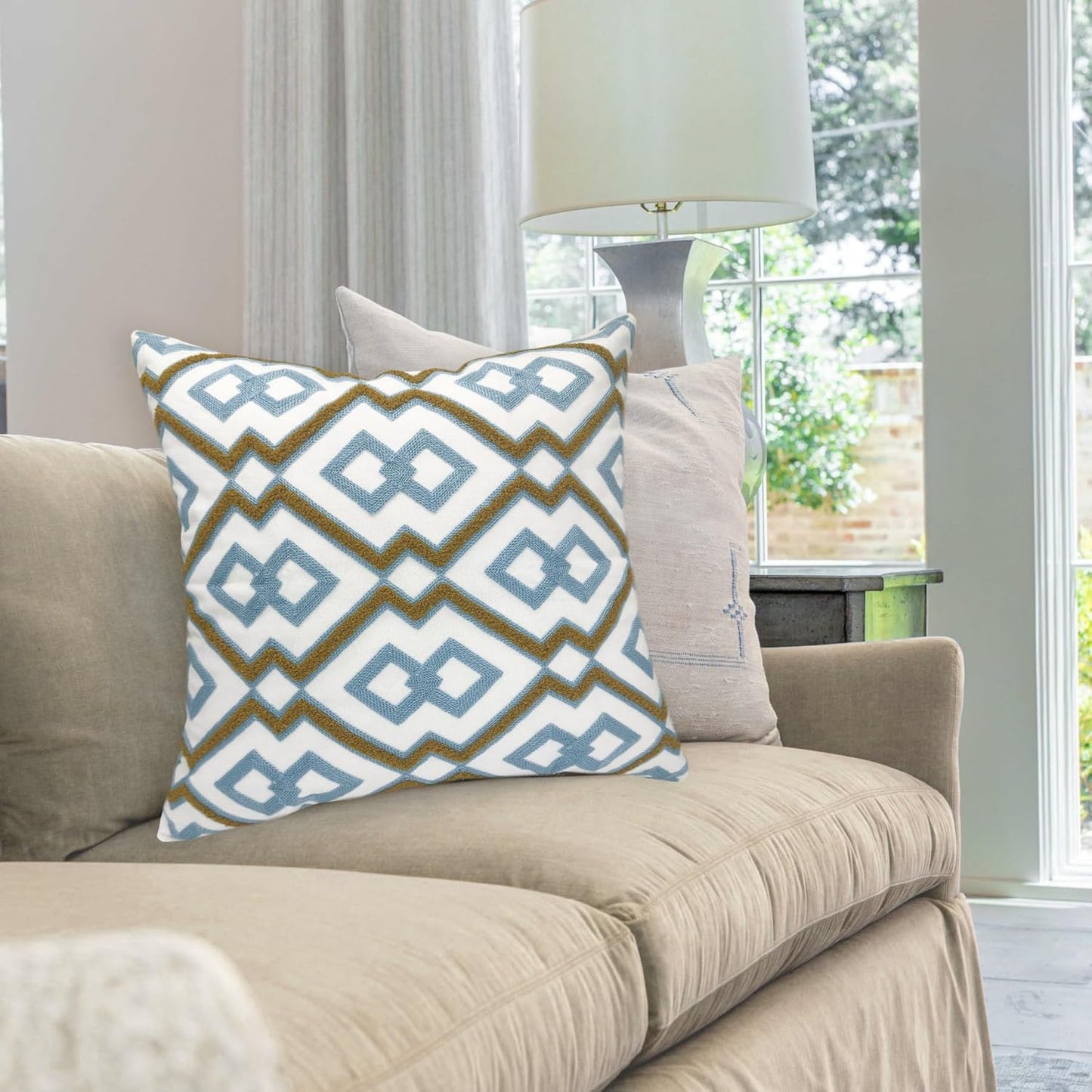 Alysheer Embroidered Decorative Throw Pillow Cover 18"x 18" Set of 2, Classic Boho Geometric Embroidery Pattern Cotton Rectangular Cushion Case for Sofa Couch Living Room Bedroom (Blue Khaki)