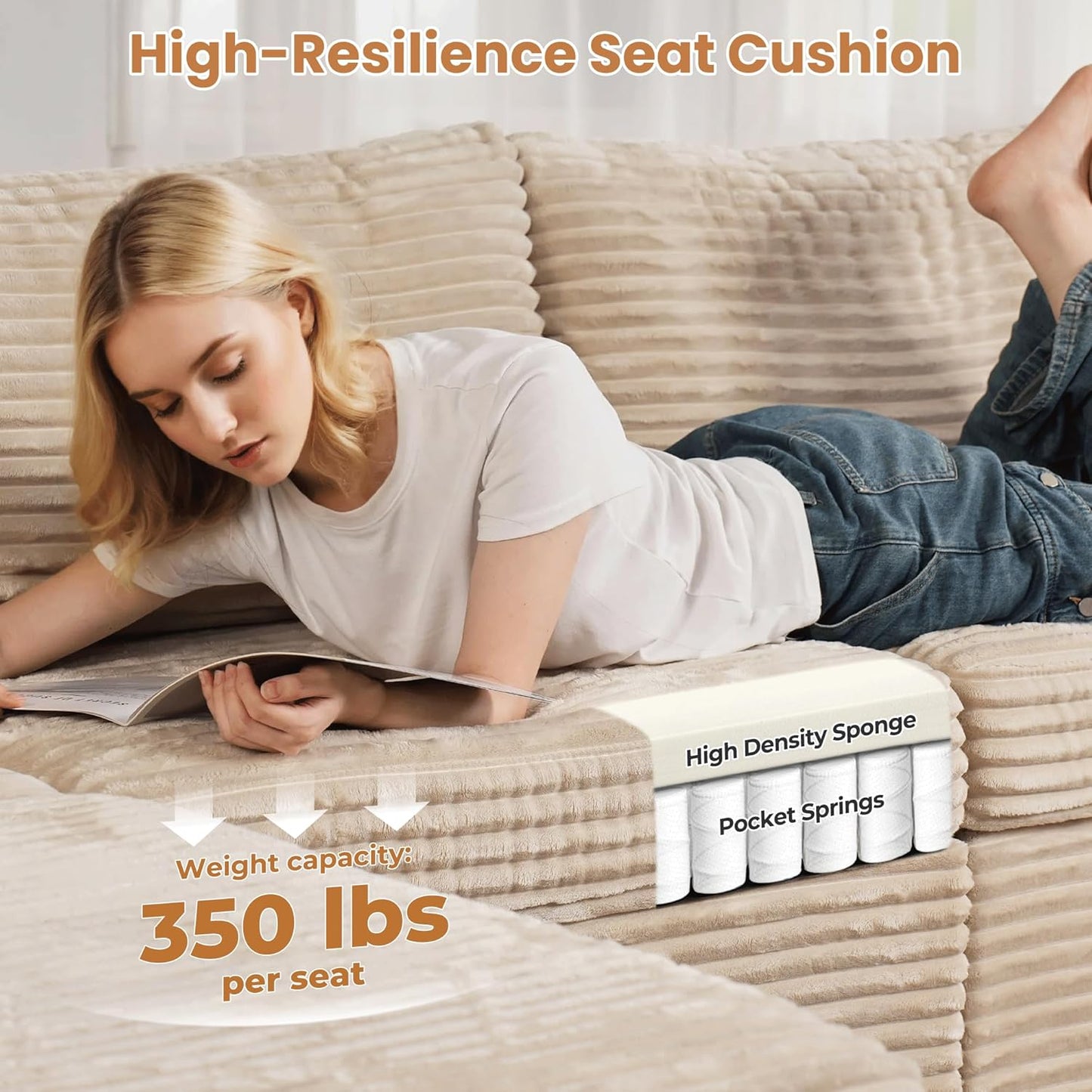 ovios Sectional Sofa Couch with U-Shape Chaise Sofa Bed, Comfy Modular Cloud Couches with Deep Seat, Modern Upholstered Plush Corduroy Sofas Set for Living Room, 6-Seater, Beige