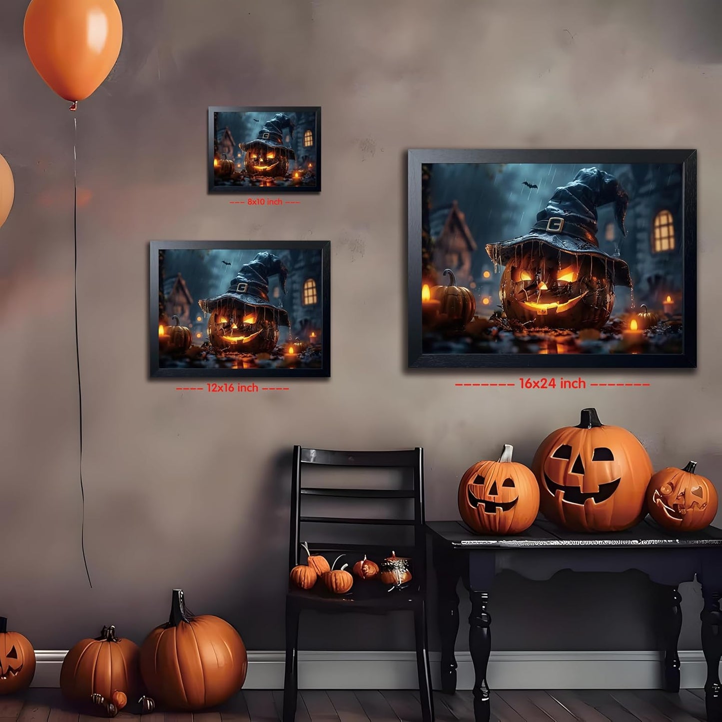 Wood Framed Dark Halloween Pumpkin Wall Art, Gothic Witch Hat Jack-o'-Lantern Canvas Print, Dark Academia Spooky Haunted House Poster Wall Art for Living Room Bedroom Room Aesthetics 12x16 inch