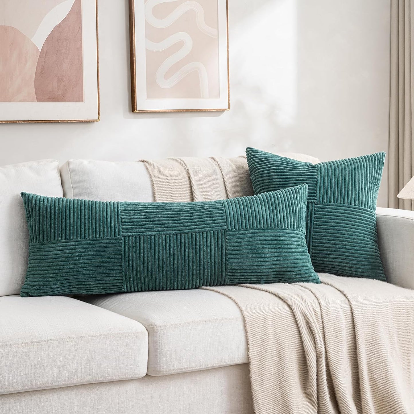 Fancy Homi Set of 2 Teal Boho Long Lumbar Body Decorative Throw Pillow Cover 14x36 Inch for Bed Couch Bedroom Bench, Soft Patchwork Corduroy Textured Pillow Case, Rustic Farmhouse Room Décor