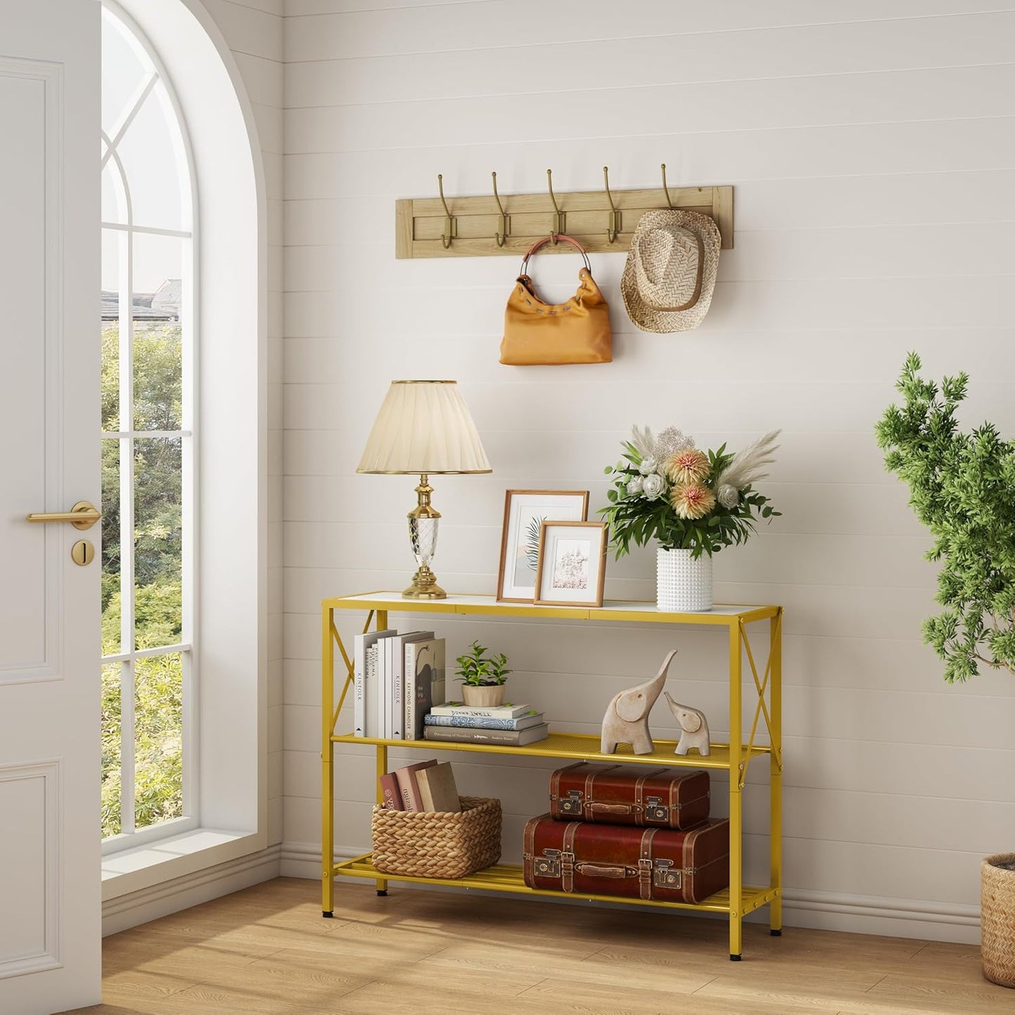 Hoctieon Gold Console Table, 3 Tier Entryway Table, Hallway Table, Narrow Sofa Table with Shelves, Entrance Table for Entryway, Gold and White