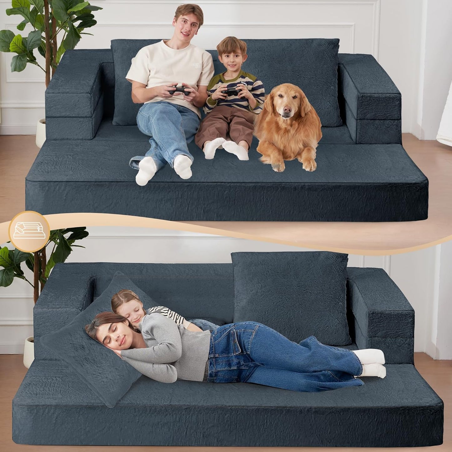 Folding Bean Bag Chair for Adults,3-in-1 Bean Bag Couch Faux Fur Floor Sofa Large Beanbag Convertible Bean Bag Sofa Bed with Pillow in Bedroom,Living Room,Apartment(Queen,Dark Grey)