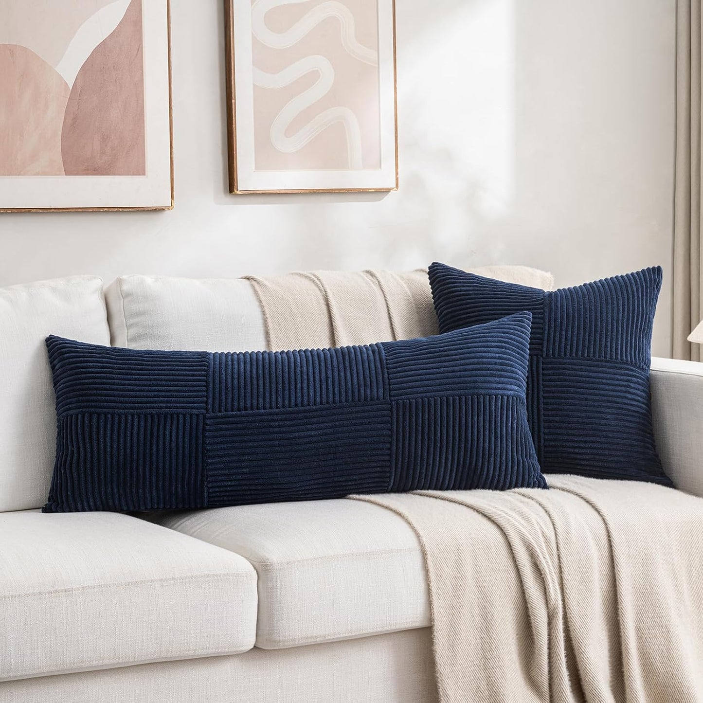 Fancy Homi 2 Packs Navy Blue Decorative Throw Pillow Covers 22x22 Inch for Living Room Couch Bed Sofa, Rustic Farmhouse Boho Home Decor, Soft Corss Corduroy Patchwork Accent Cushion Case 55x55 cm