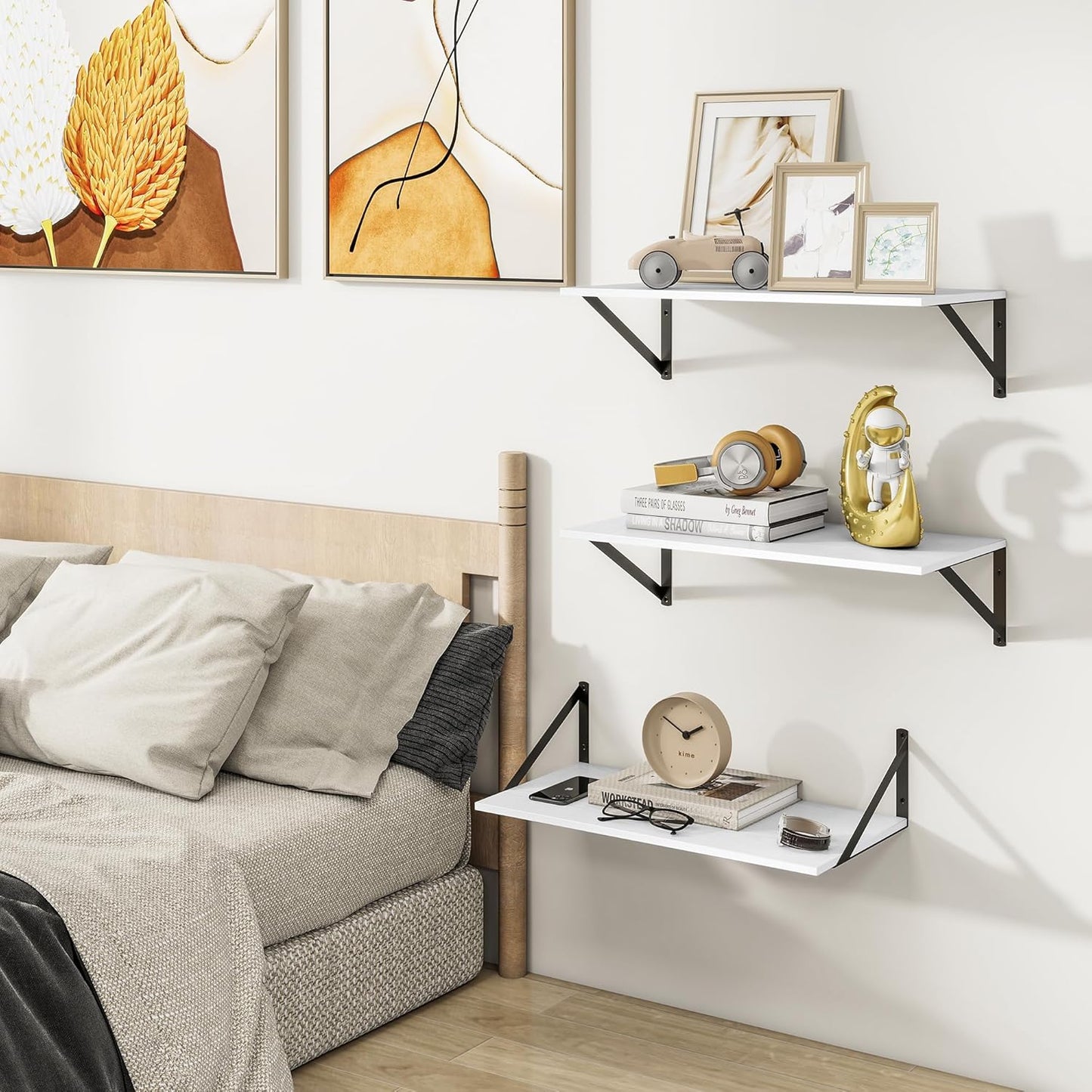 Heimlove 24" W x 12" D Wall Shelves for Books, 12 Inch Deep Floating Shelves Set of 3, Wide Floating Bookshelf with Metal Bracket for Living Room, Kitchen, Office, Bedroom and Decor Storage - White