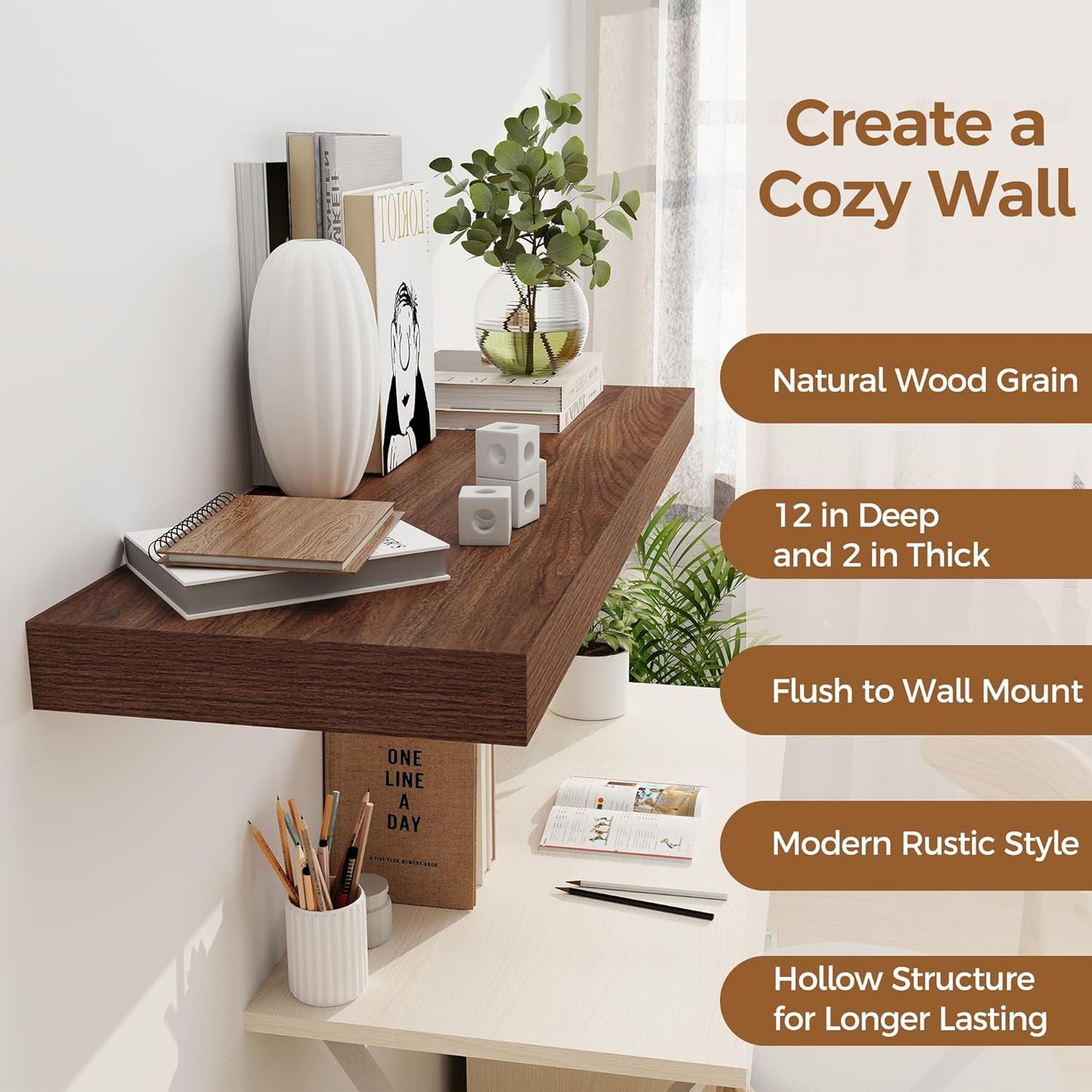 Floating Shelves 36 Inch Long, 12 Inch Deep Floating Shelves for Wall, 36 x 12 Shelves for Wall Storage & Display, 2" Thick Floating Shelf for Bathroom, Living Room, Bedroom, Walnut Color, Set of 1