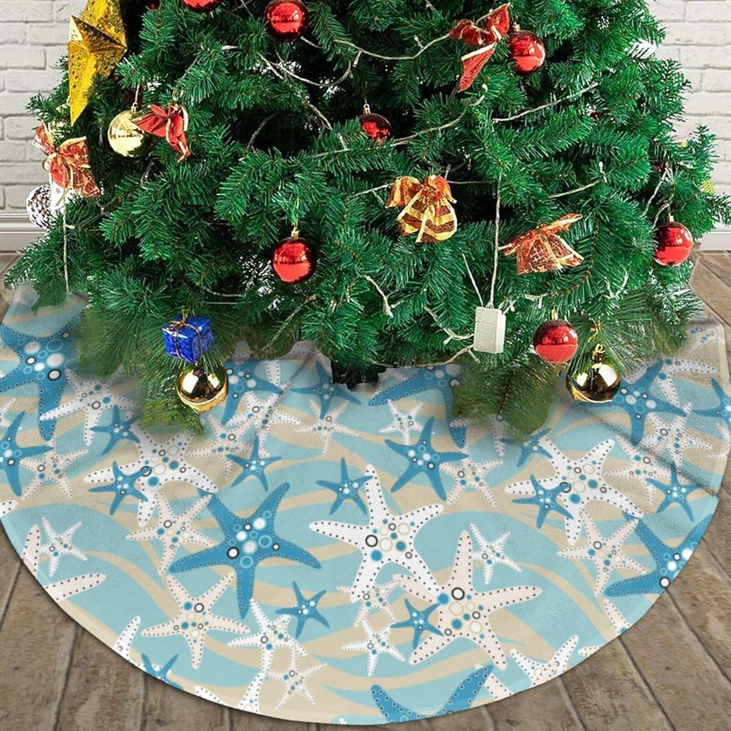 Christmas Tree Skirt,Beach Starfish Xmas Tree Skirt Rustic Farmhouse Tree Skirt for Christmas Decor Xmas Holiday Home Party Decorations30