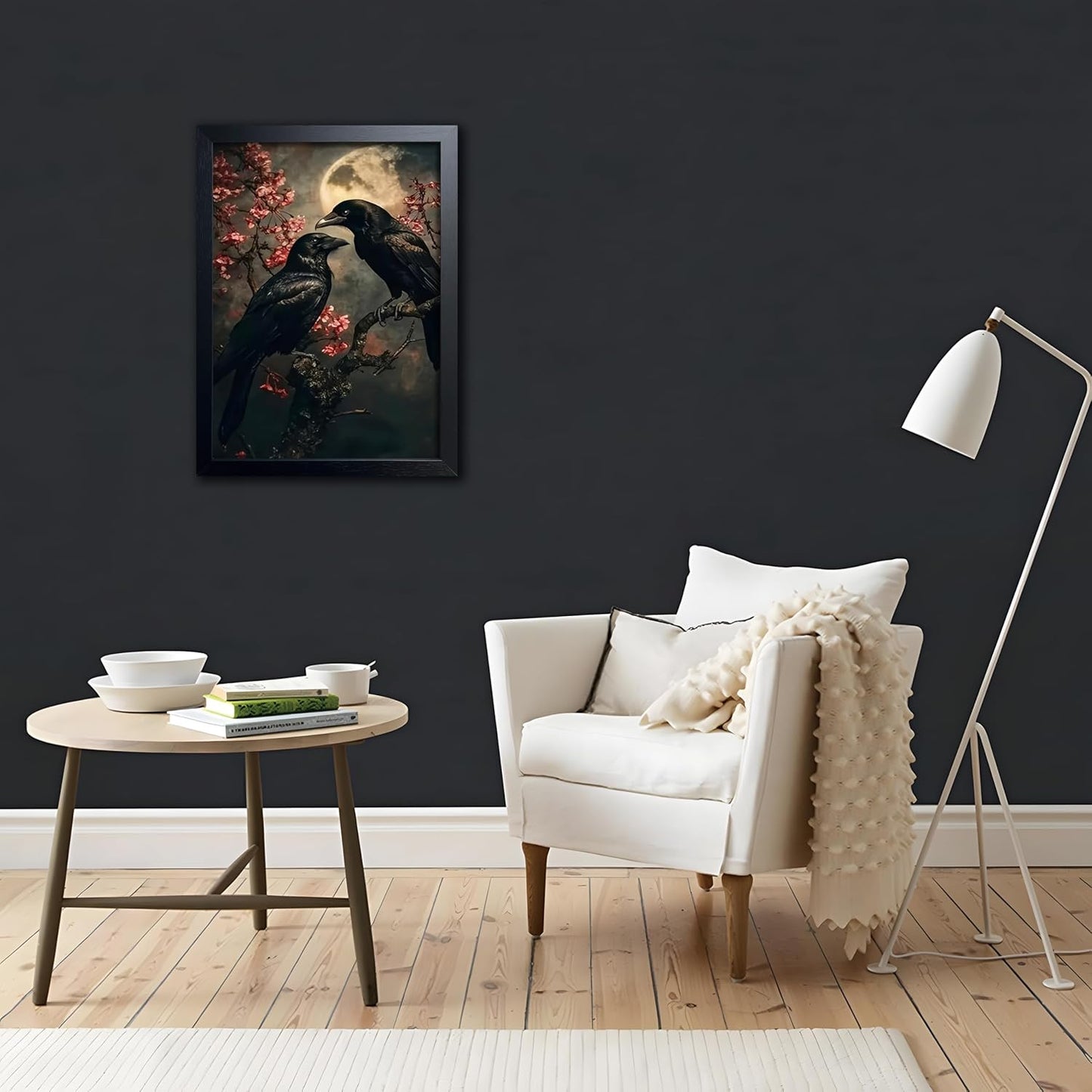 Black Wood Framed Halloween Canvas Wall Art Painting, Vintage Black Crow Cherry Blossom Wall Decor Picture, Dark Academia Gothic Poster Print Photo for Living Room Bedroom Office Decor 12x16 Inch