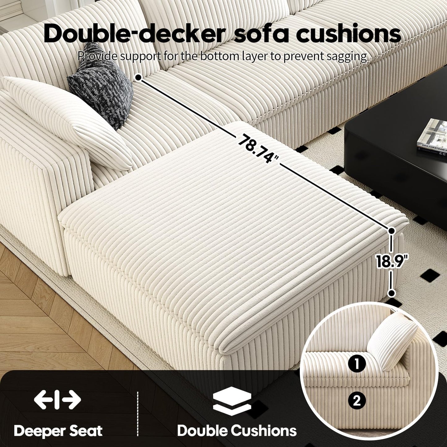 118" Cloud Couch Oversized Modular Sectional Sofa for Living Room,Modern Sofa with Deep Seat,V Shaped Boneless Couch,Comfy Upholstered Corduroy Couches for Apartment, Studio, Office,Bedroom,White