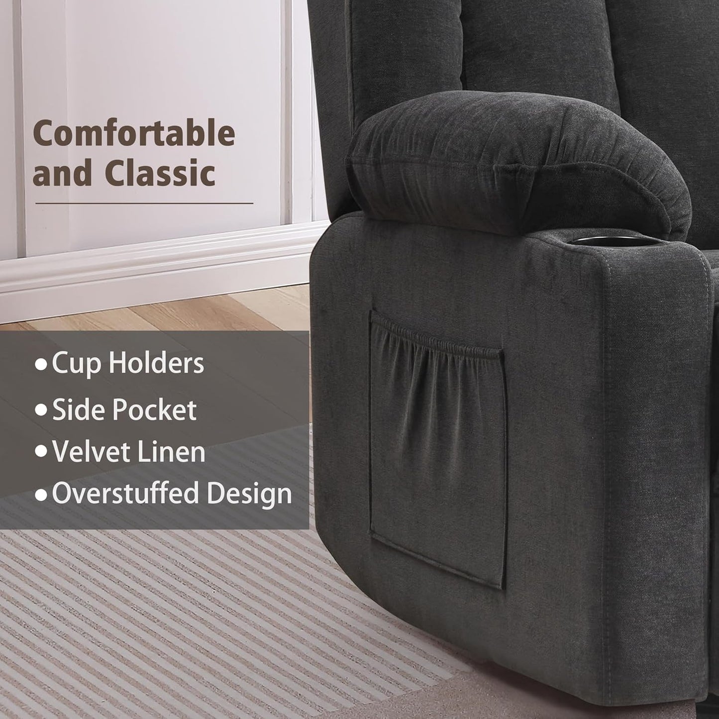Rocker Swivel Recliner Chair for Adults, Overstuffed Large Manual Recliner Glider with Massage and Heat, Comfy Soft Fabric Living Room Reclining Sofa Chair (Black Fabric)
