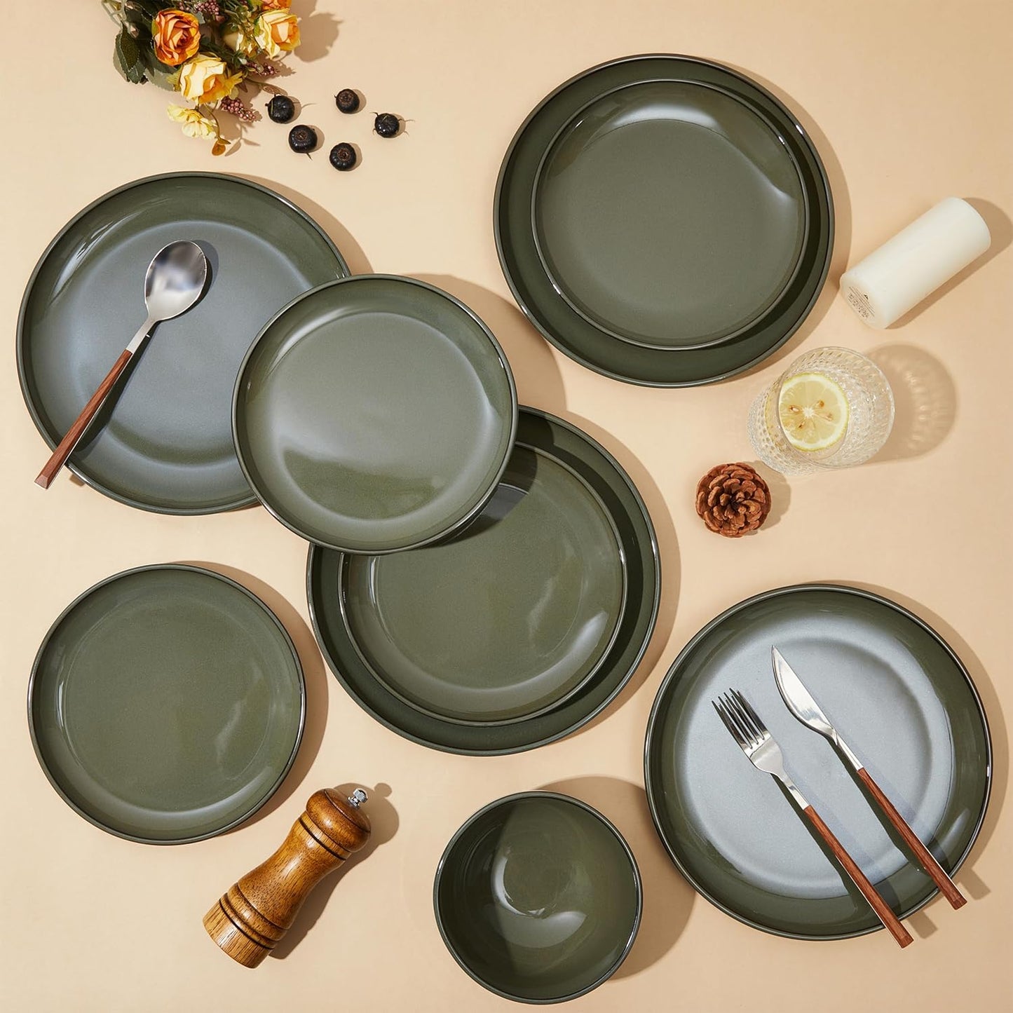 16 Piece Double Bowl Dinnerware Sets with Pasta Bowls, Highly Chip and Crack Resistant Plates and Bowls Sets, Natural Earthyware Ceramic Dishware Sets, Service for 4 Blackish Green