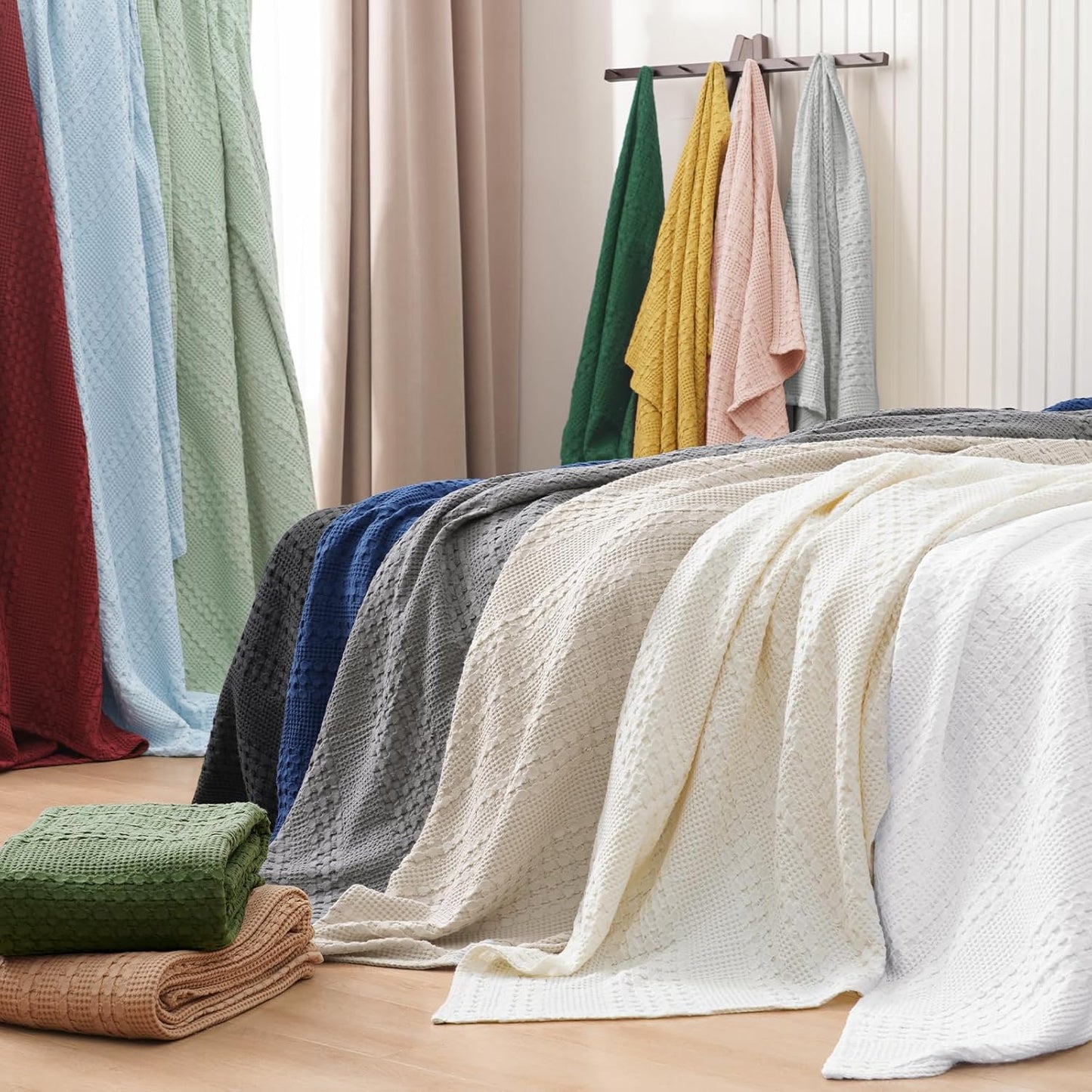 PHF 100% Cotton Waffle Weave Blanket Twin Size, Soft Lightweight Breathable Cozy Summer Blankets for Bed, Luxury Aesthetic Woven Bedding for Home Decor, 66"x90", Light Grey