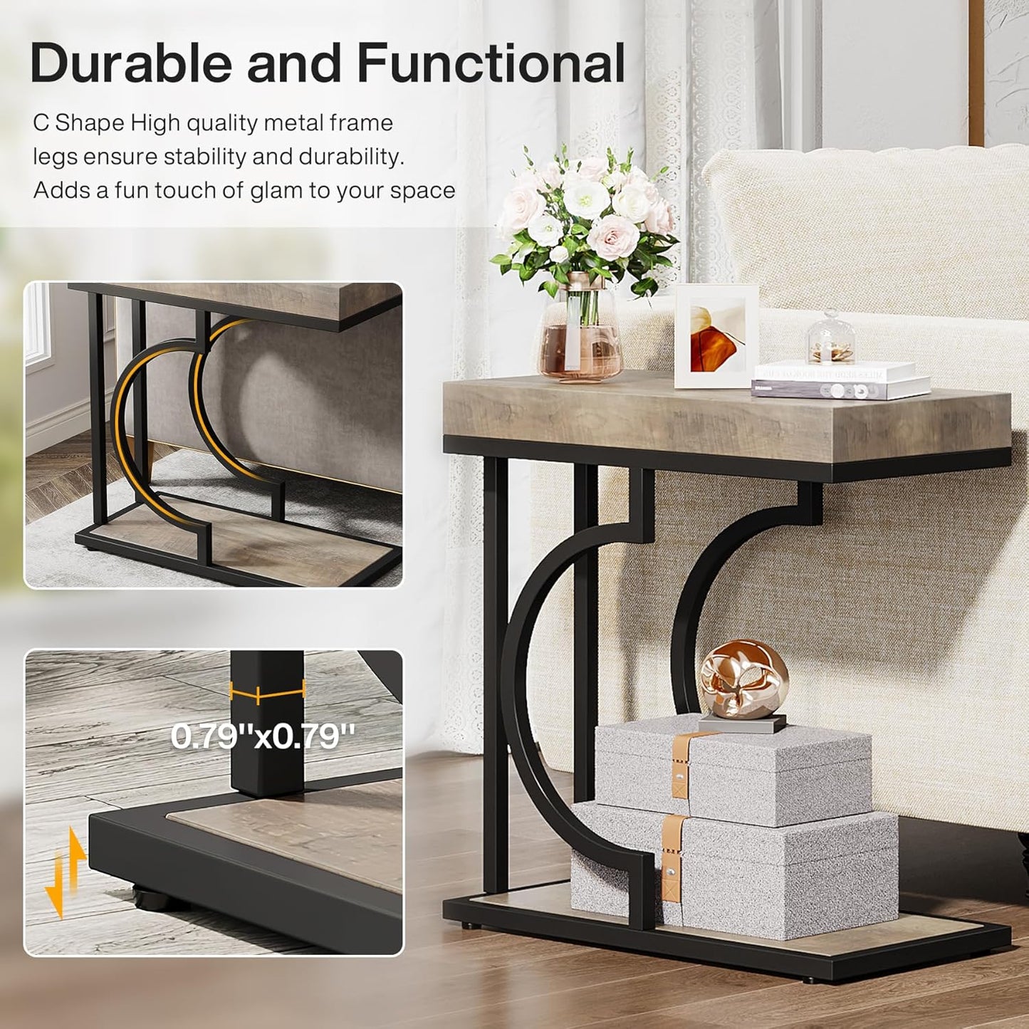 Tribesigns Narrow Side Table C Shaped End Table Modern Bedside Tables for Couch, Small Sofa Chairside Tables with Metal Frame for Living Room (1, Gray+Black)