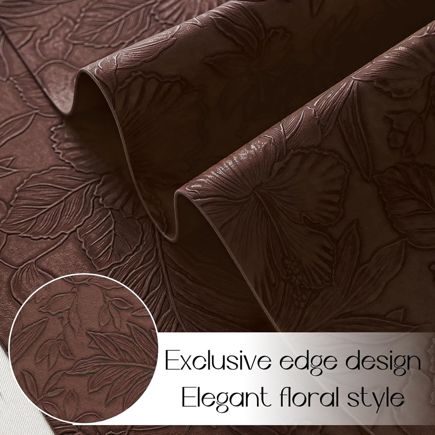 Romanstile Vinyl Placemats Set of 4-12 X 18 Inch - Heat Resistant Non-Slip Embossed Floral Place Mats 100% Waterproof Oilproof Wipeable Faux Leather Table Mats for Kitchen/Dining/Party, Brown