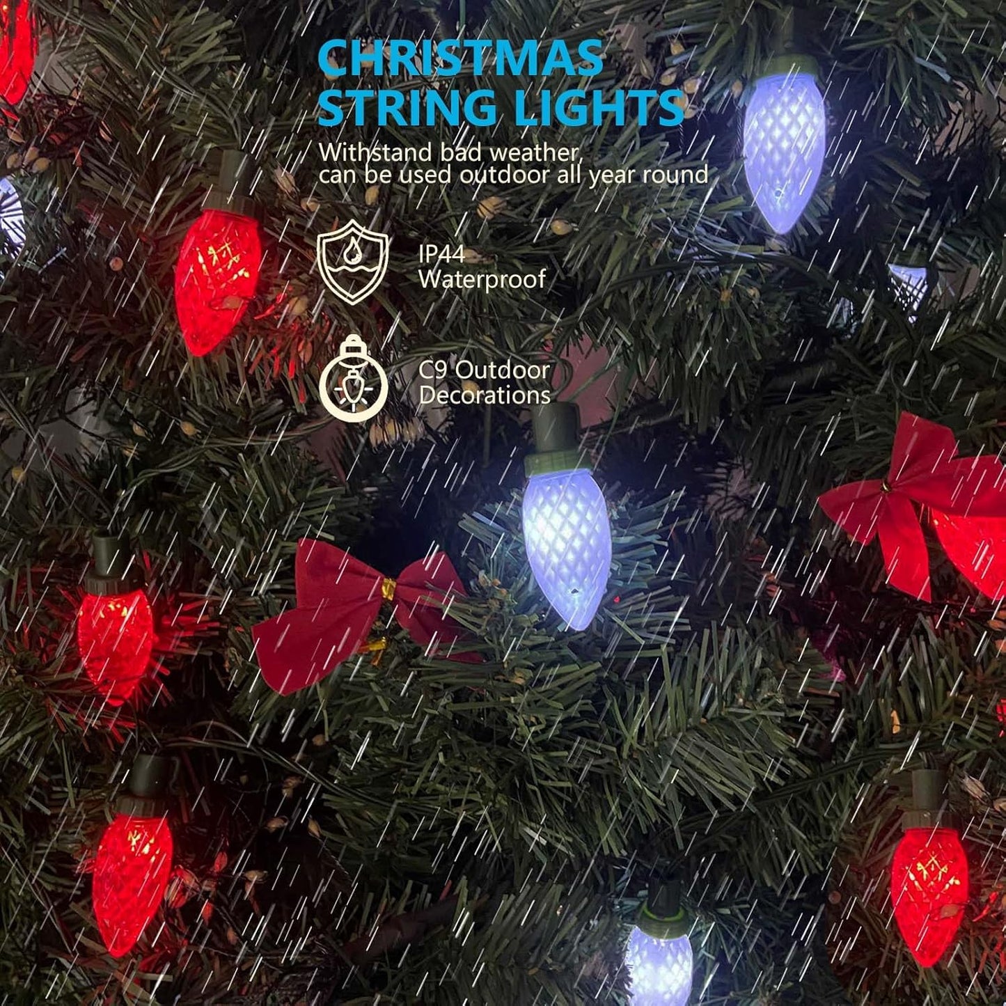 Extendable Red and White 50 LED Waterproof C9 LED Christmas Lights Indoor Outdoor Green Wire, Super Bright C9 Christmas String Lights for Tree, Patio, Easter, Porch, Home, Christmas Decorations