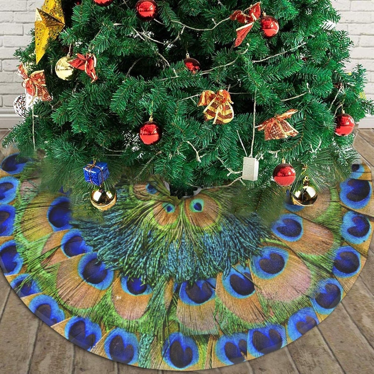 Christmas Tree Skirt,Peacock Feathers Circle Xmas Tree Skirt Rustic Farmhouse Tree Skirt for Christmas Decor Xmas Holiday Home Party Decorations48