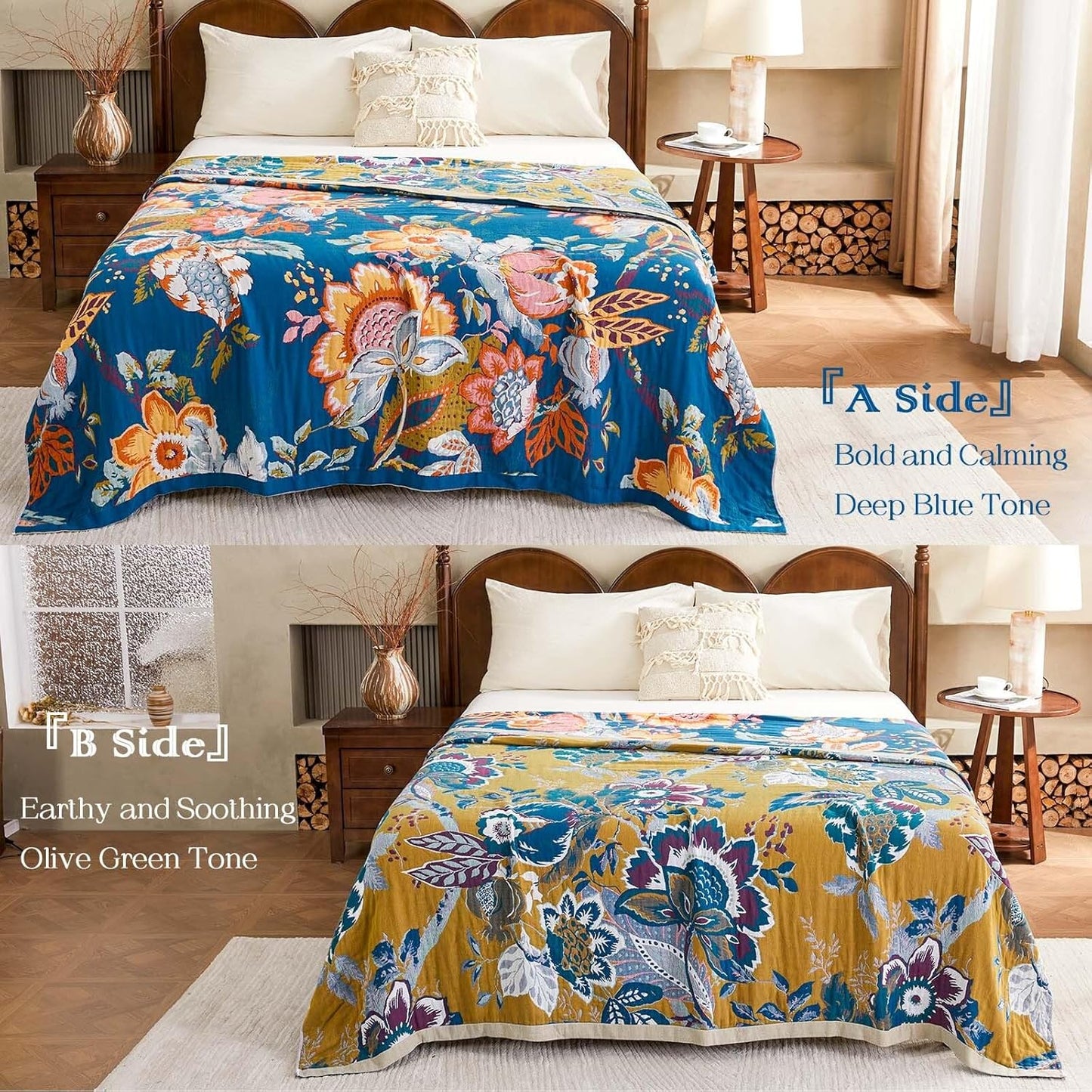 Boho Throw Blanket, Blue Lightweight Blankets for Summer, 100% Cotton Bohemian Decorative Throw Blanket, 80"x90" Reversible Muslin Breathable Woven Farmhouse Blankets Quilt,