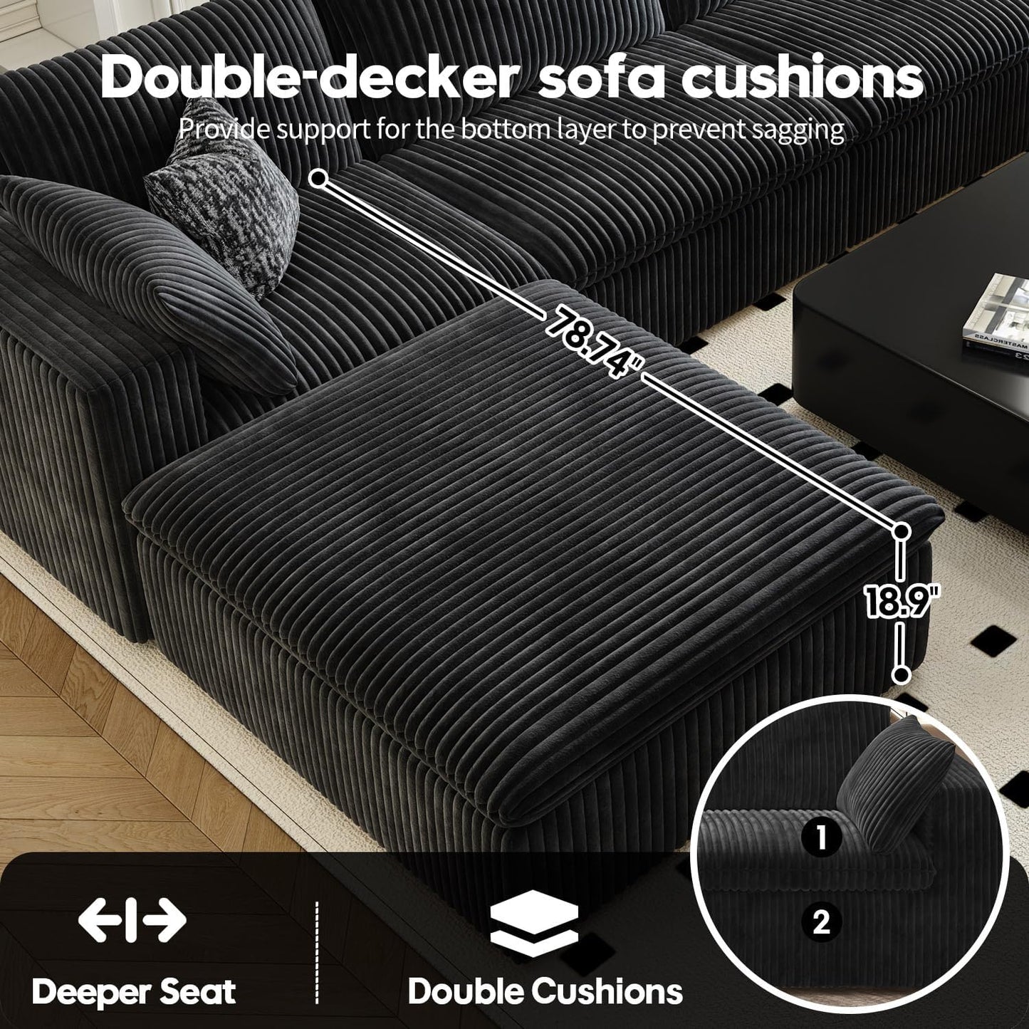 118" Cloud Couch Modular Sectional Sofa for Living Room,Modern Sofa with Deep Seat,U-Shape Boneless Couch with 2 Ottoman,Comfy Upholstered Corduroy Couches for Apartment, Studio, Office,Bedroom,Black