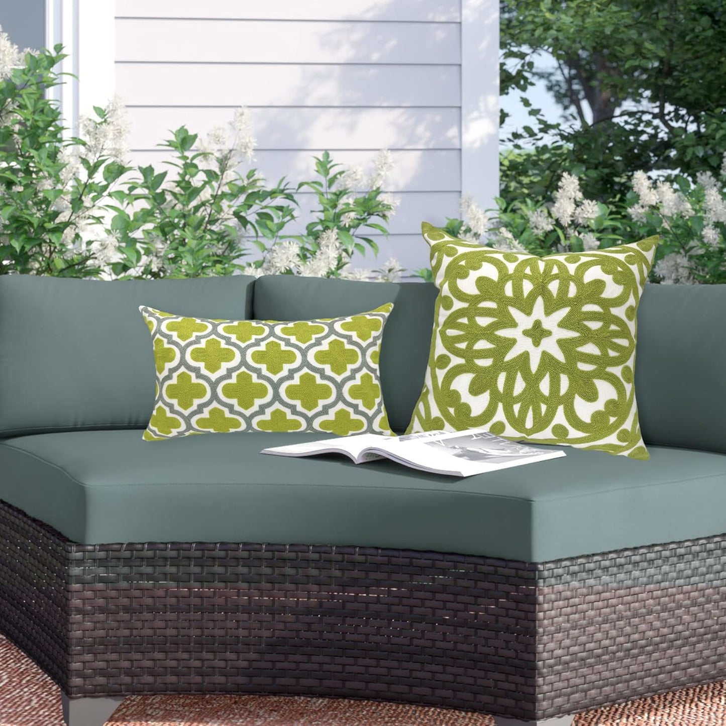 Alysheer Embroidered Lumbar Decorative Throw Pillow Cover 12"x 20", Classic Boho Geometric Embroidery Pattern Cotton Rectangular Cushion Case for Sofa Couch Living Room Bedroom(Green Grey)