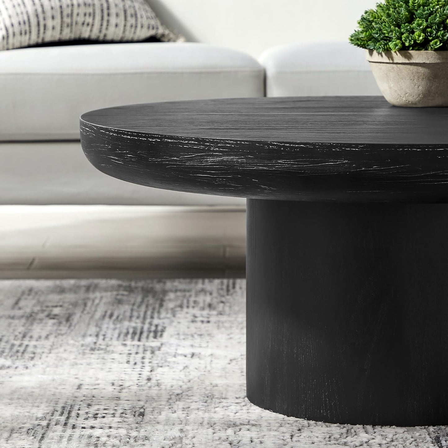 WILLIAMSPACE 35.98" Round Coffee Table with Cylindrical Base, Modern Wood Drum Center Table, Accent Side End Table for Living Room Apartment, φ35.98"*15.98"H (Black)