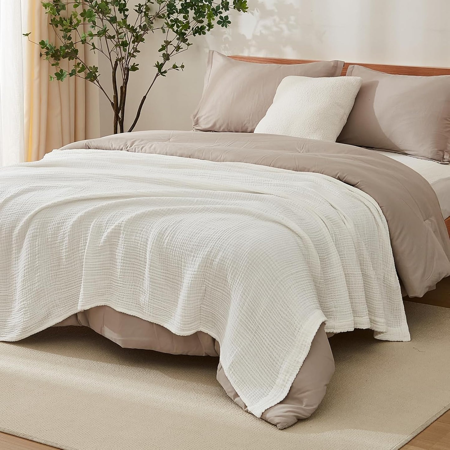 EMME Cotton Throw Blanket for Couch Soft Muslin Blankets 50"x60" Lightweight Breathable Blanket All Season Gauze Blanket, White