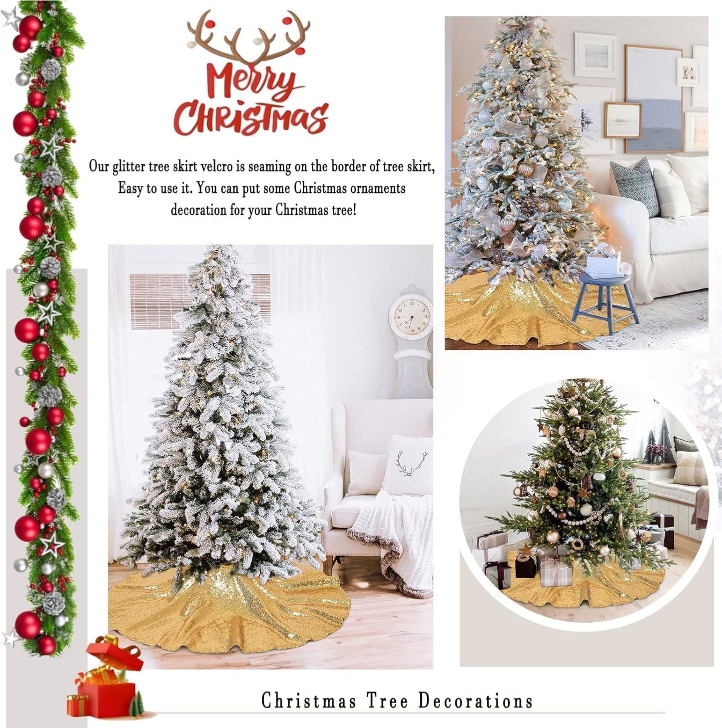 Tree Skirt 48 Inch Gold Christmas Tree Skirt Sequin Tree Skirt for 6ft Tree Glitter Gold Christmas Decorations