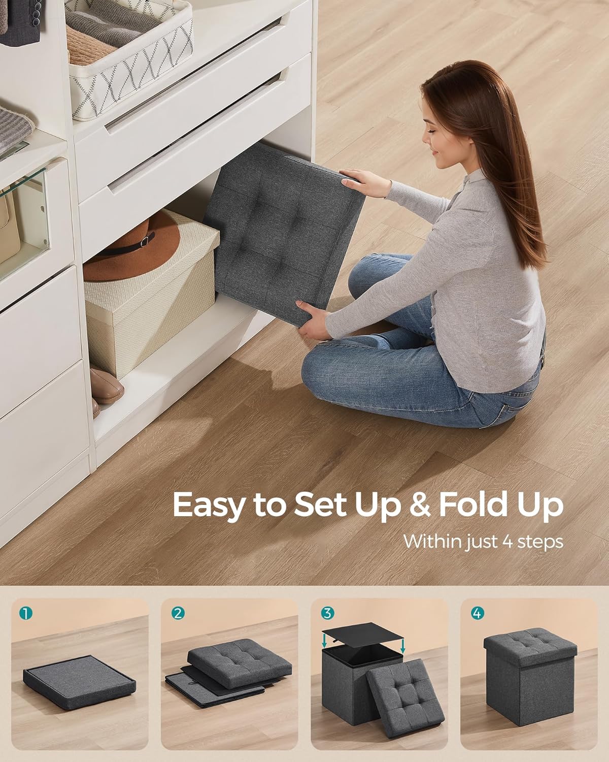 SONGMICS Folding Storage Ottoman Bench,38 x 38 x 38 cm, Ottoman Foot Rest, End of Bed Bench, Storage Chest, Load 300 kg, for Living Room, Bedroom, Entryway, Dorm, Dark Gray ULSF27Z