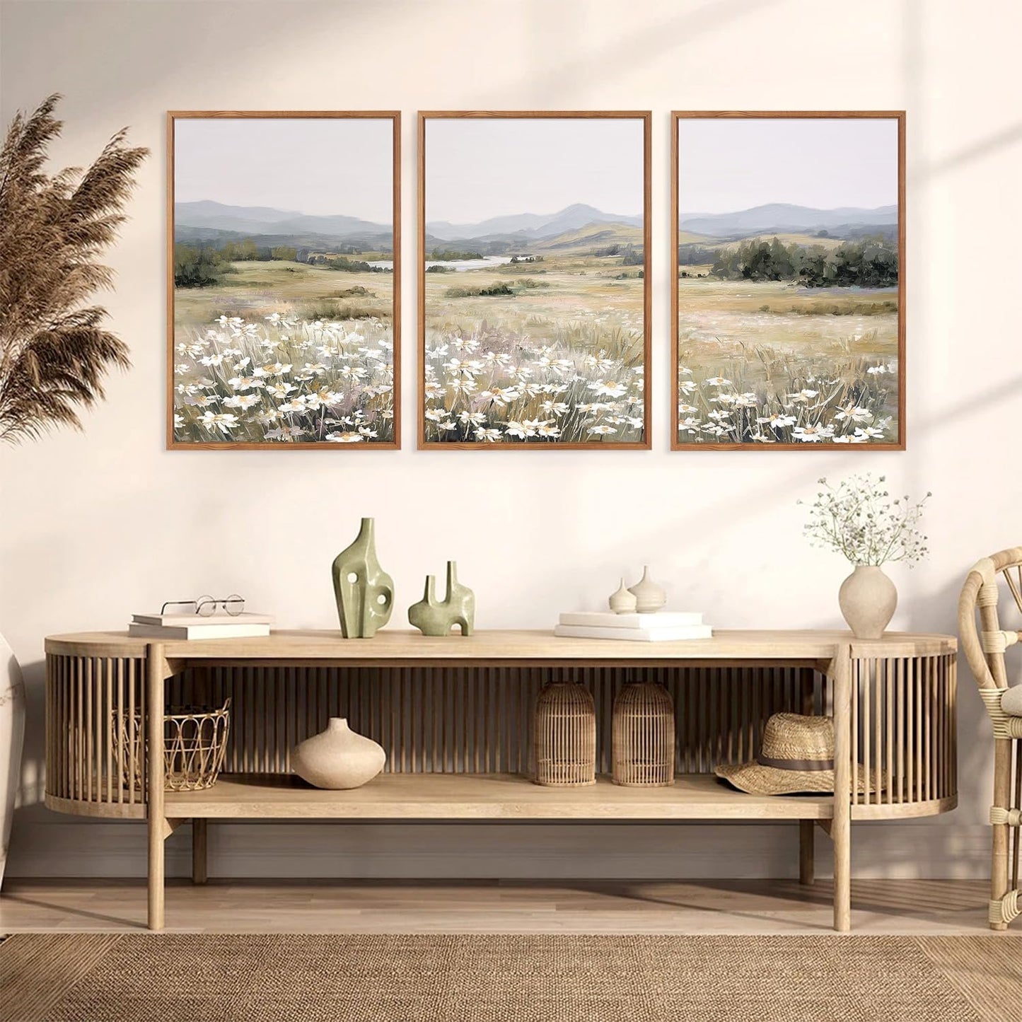 KAIRNE Landscape Canvas Wall Art,Boho Floral Prints Set of 3(16”X24”),Flower Garden Paintings,Wildflower Field Scene Wall Decor,Botanical Art for Living Room Bedroom Kitchen Farmhouse Decor,Framed