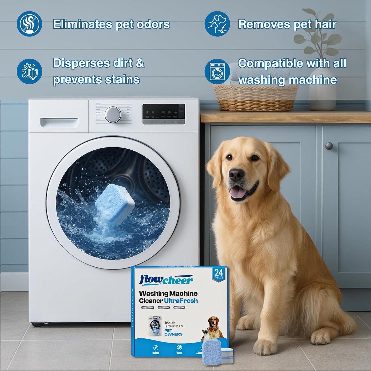 Washing Machine Cleaner, Septic Safe Washer Descaler Tablets for Removing Pet Hair, Odors, Residue, Suitable for HE Front Loader, Top Load, 1 Year Supply, 24 Pack (For Pet Owner)