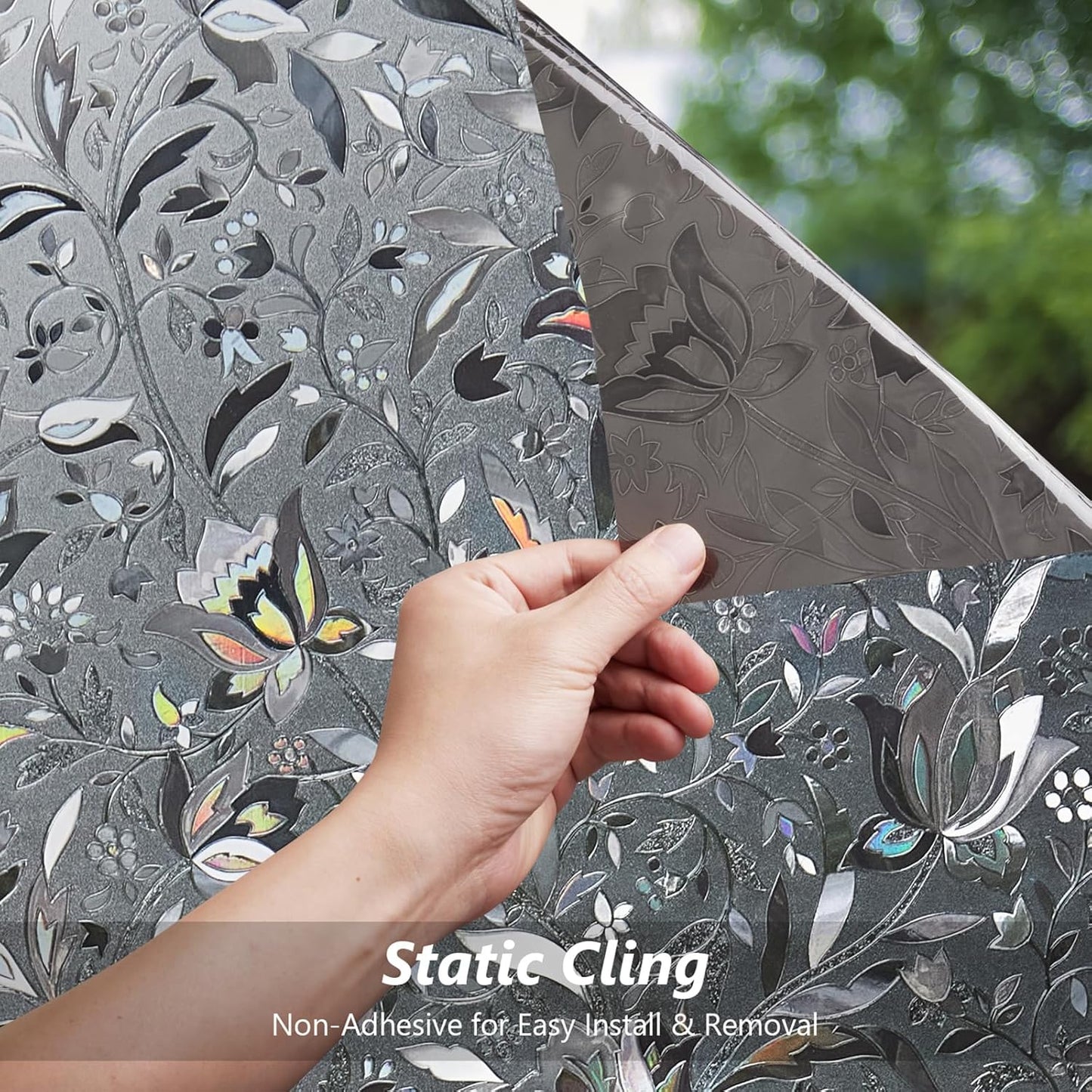 Kromapolis Window Film, Window Privacy Film Frosted, Vinyl Glass Covering, Stained Glass Decorative Film, Static Window Clings, Non-Adhesive (Grayish Black, 29.5 x 157.4 inch)