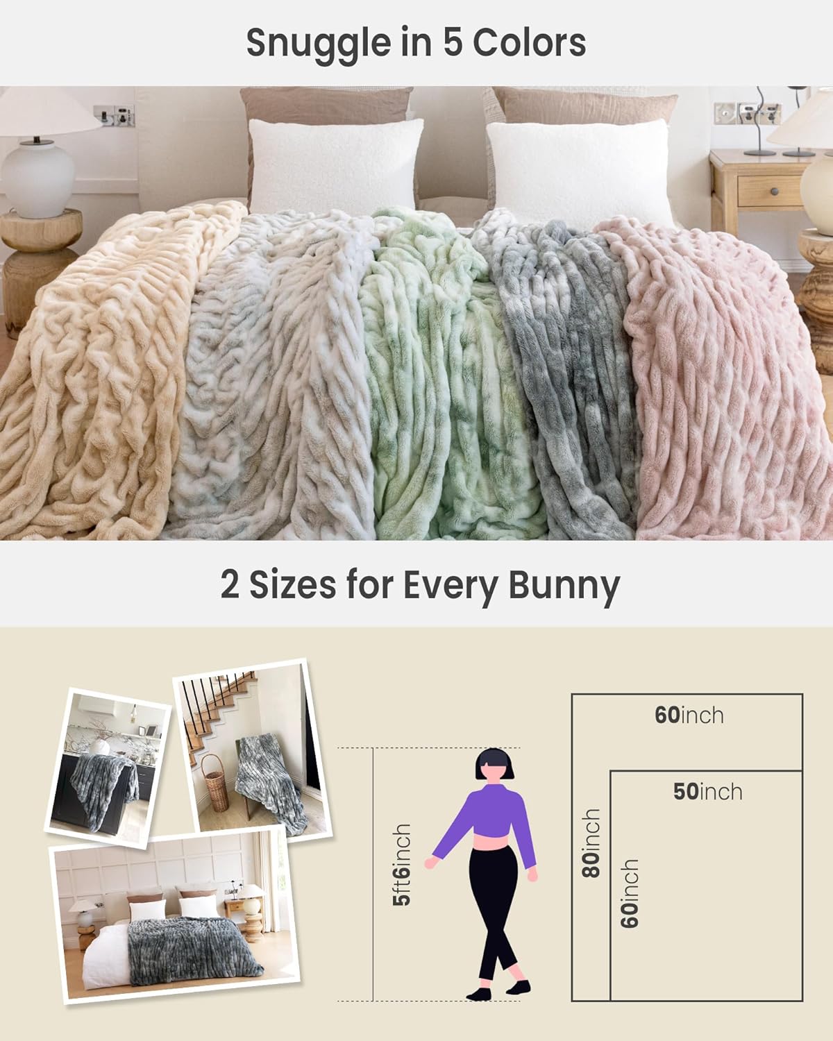 Faux Fur Blanket, Throw Blanket for Couch, Fluffy Blanket with Stretch Ruched Design, Ultra Soft Giftable Home Decor, 50x60 inches, Tie-Dyed in Pink