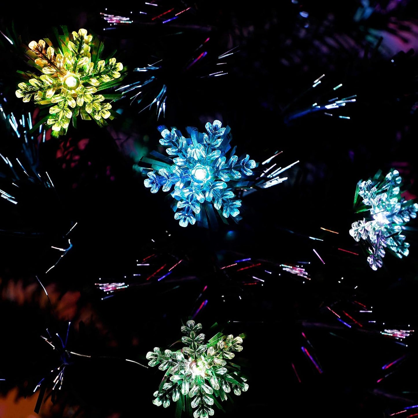 Juegoal 7 ft Pre-Lit Optical Fiber Christmas Artificial Tree, with LED RGB Color Changing Led Lights, Snowflakes and Top Star, Festive Party Holiday Fake Multicolor Xmas Tree with Sturdy Metal Legs