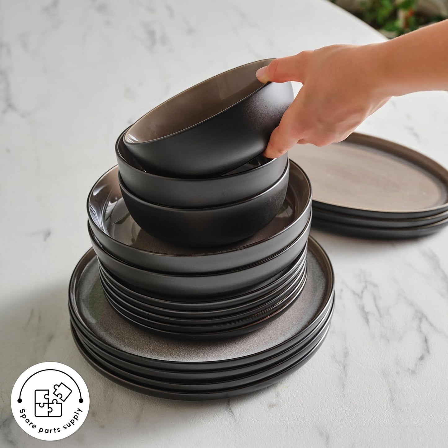 Karaca Mercure 59 Piece Stoneware Plates and Bowls Set, Reactive Glaze Black Dinner Set, Complete Kitchen Tableware Collection, Ideal Dinnerware for 12 People Dining Experience, Dishwasher Safe